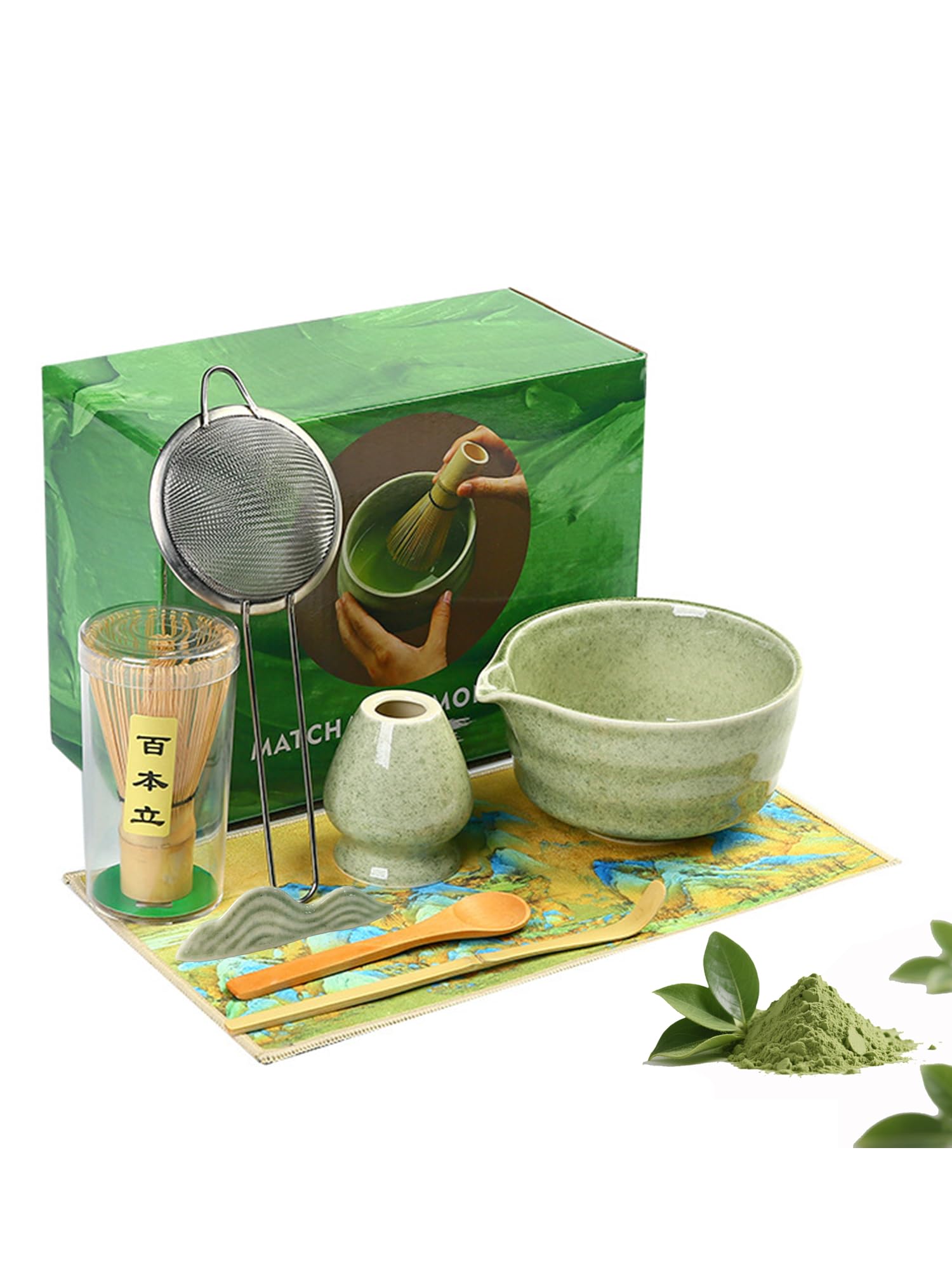 Zestaw do Matchy - 8-Częściowy Zestaw Ceremonialny: Miska z Dzióbkiem do Matcha (500 ml), Chasen, Podstawka na Trzepaczkę, Chashaku, Podstawka na Chashaku, Drewniana Łyżeczka, Chakin, Sitko