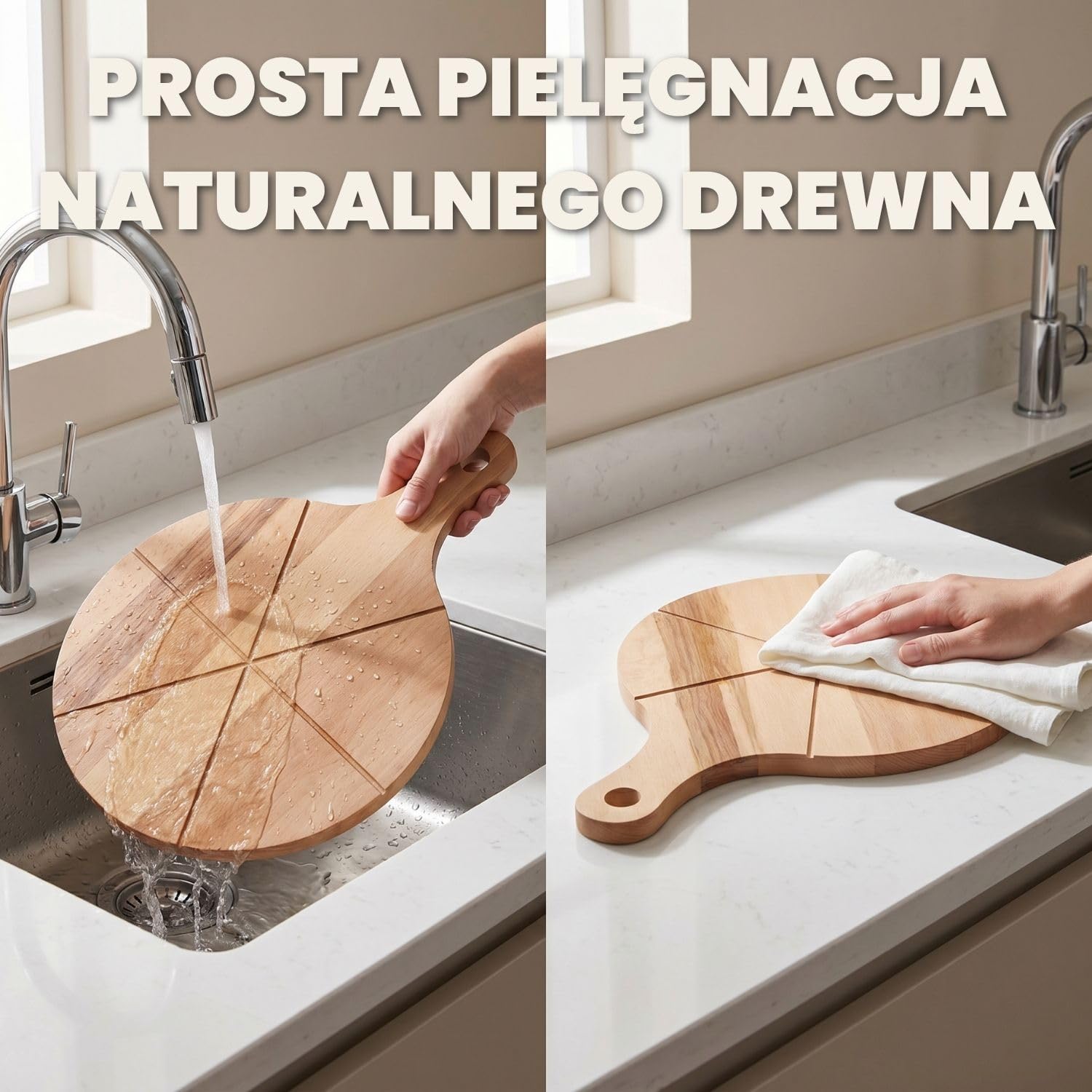 2 drewniane talerze do pizzy z litego drewna bukowego z uchwytami 33 cm | 33 cm, Lite drewno, Wygodne serwowanie, Zestaw 2 sztuk, Idealne do kuchni i ogrodu, Praktyczne uchwyty