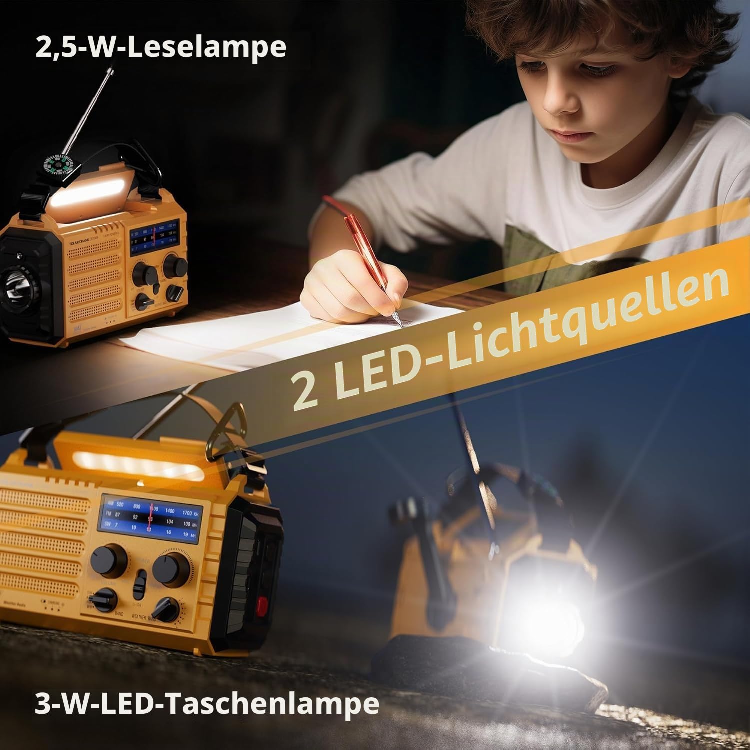 Tragbare Solar Radio, Notfall Radio mit Kurbel, Dynamo Wetter AM/FM/SW Radio, 5000mAh Wiederaufladbare Powerbank, Typ C Anschluss, LED Taschenlampe&Leseleuchte, SOS Alarm, Kompass für Camping Outdoor
