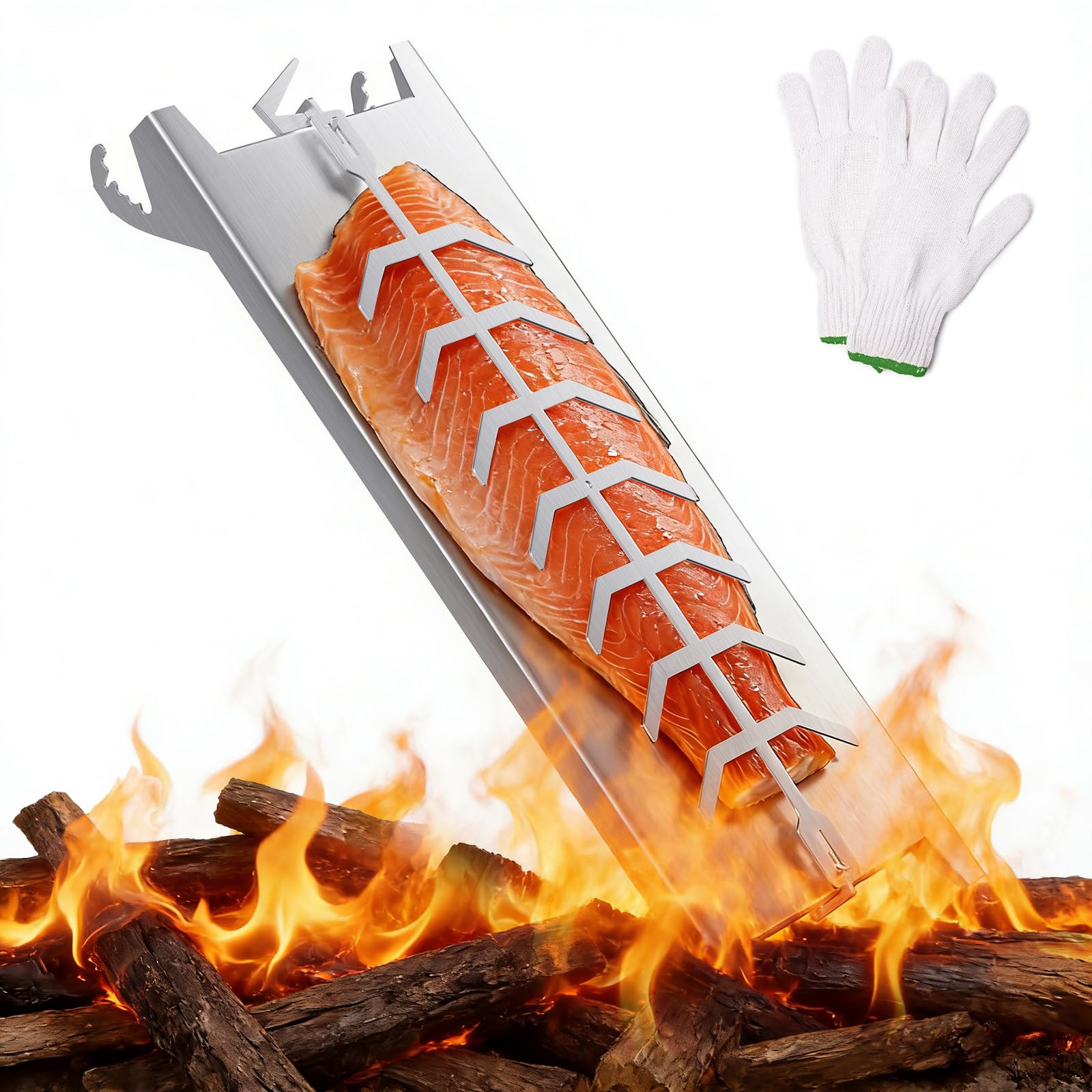 Flammlachsbrett Edelstahl 60 cm, Flammlachshalter 180° drehbar & 5-stufig neigbar, verstärkte Basis, passend für Feuerschale, Kugelgrill, Gasgrill (bis 6 mm), spülmaschinenfest