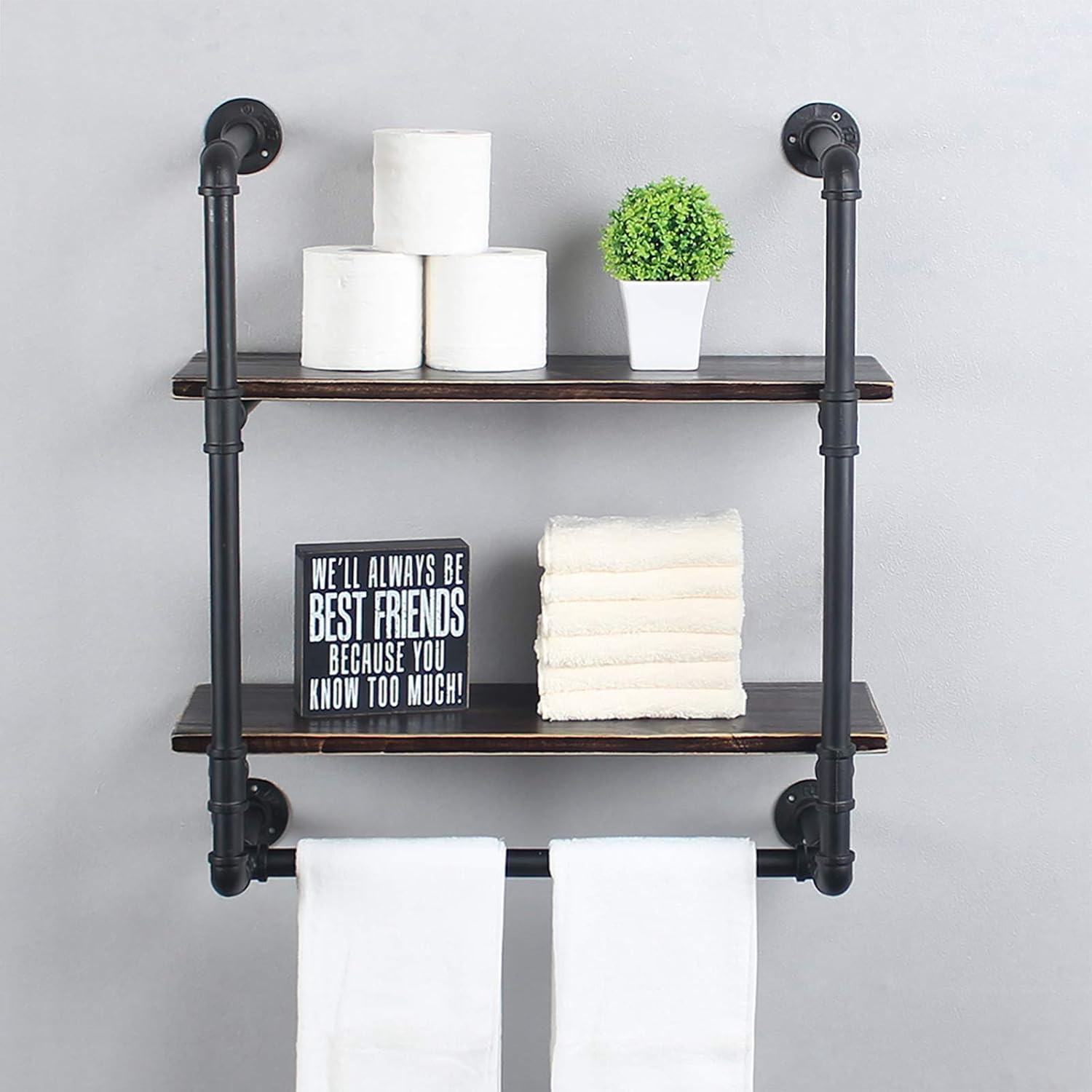 ❤ Crаzу Dеаlѕ Industrial Pipe Towel Rack,Bathroom Shelves Wall Mounted,Rustic 2 Layer Bathroom Shelf with Towel Bar,Metal Storage Wall Shelf for Kitchen,Floating Shelves,Bathroom Shelves Over Toilet(Black)