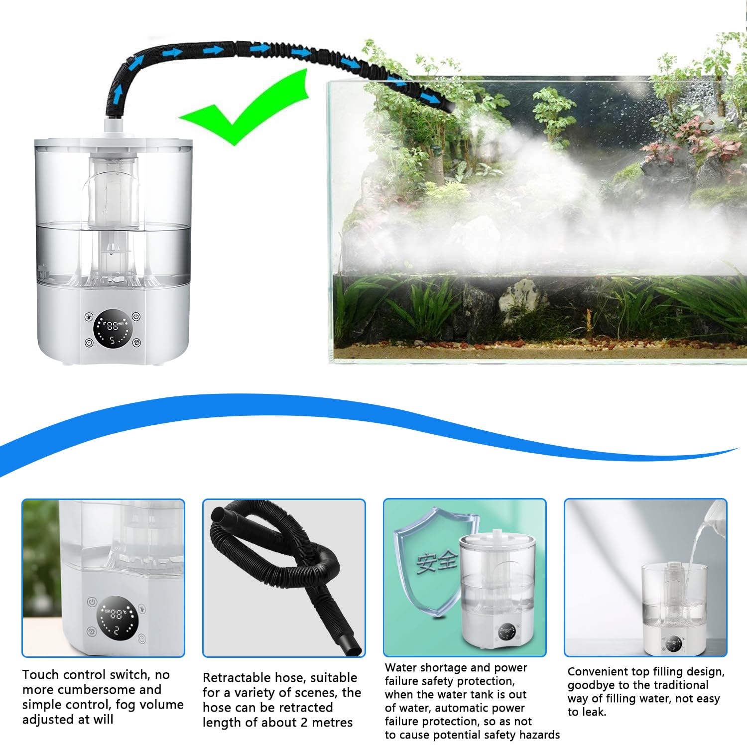 Reptilie Umidificatore per Terrario 4 L, Umidificatore per Rettili, Macchina per Nebbia, Tubo estensibile, Ultra Silenzioso, per Rettili, Anfibi, Piante Umide