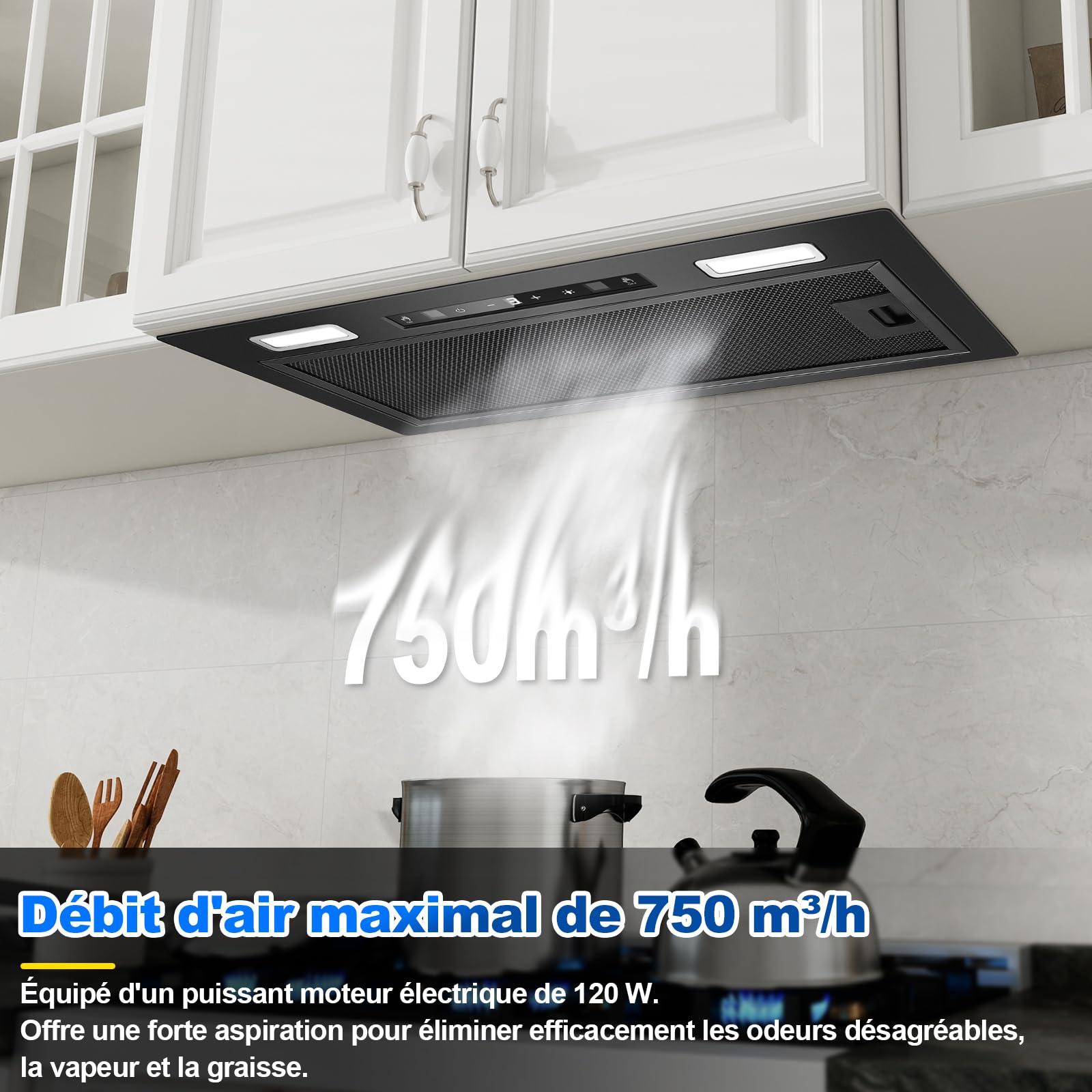 Hotte Aspirante 52cm Encastrable, 750m³/h, Hotte Encastrée, Commande Gestuelle & Tactile, 3 Vitesses & Fonction Booster, Éclairage LED, Filtre Charbon et Conduit Inclus, Évacuation/Recyclage