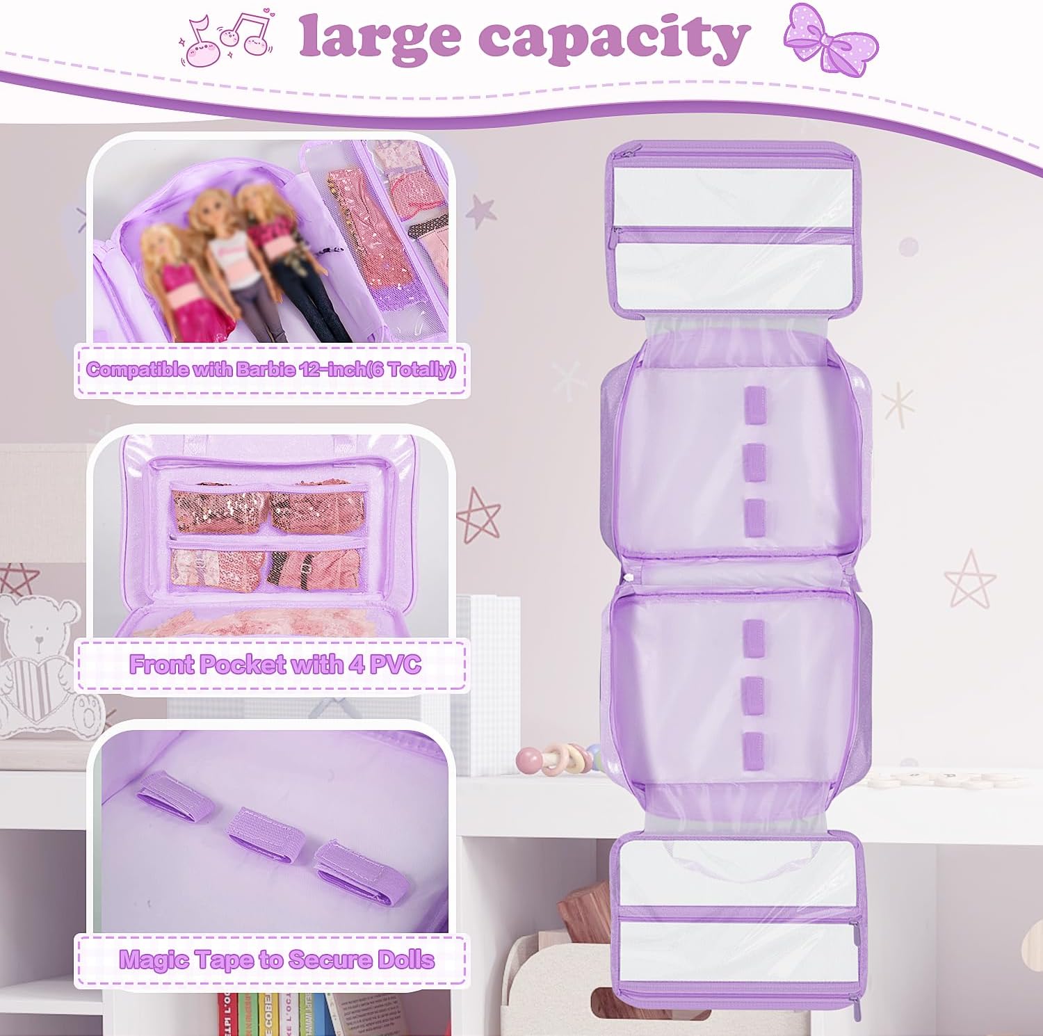 Carrying Case Compatible with Barbie Dolls 12-Inch, Storage Organizer with Handle Holds up to 6 Dolls,Multiple Pockets for Accessories,Toy Storage Box, lavender,Bag Only
