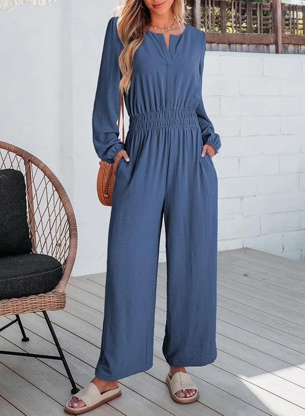 Dokotoo Womens Jumpsuits for Women Casual Solid Color Overalls Outfits 2026 Loose Fit V Neck One Piece Long Sleeve Dressy Jumpsuit Wide Leg Rompers with Pockets Sail Blue Large by Dokotoo - Image 3