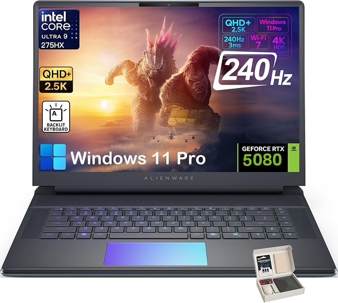 Alienware 16-strefowy laptop do gier, 51, NVIDIA RTX 5080, 16 GB GDDR7, 275HX Intel Ultra 9, 16", QHD+ 240 Hz, 500 nitów, Win11 Pro, AlienFX RGB KB, zewnętrzny odtwarzacz DVD (64 GB DDR5, dysk SSD