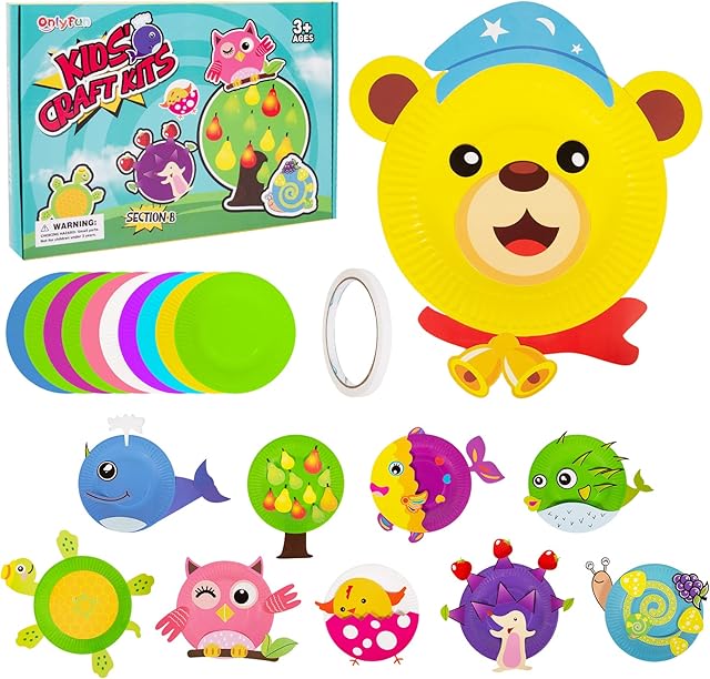 ONLYFUN Arts and Crafts Kits for Kids,10 Sets Colorful Animals Paper Plates Art with Double Sided Tape, Creative DIY Montessori Kids Toys Party,Halloween Games/Birthday/Xmas Gift for Boys Girls 3-12B