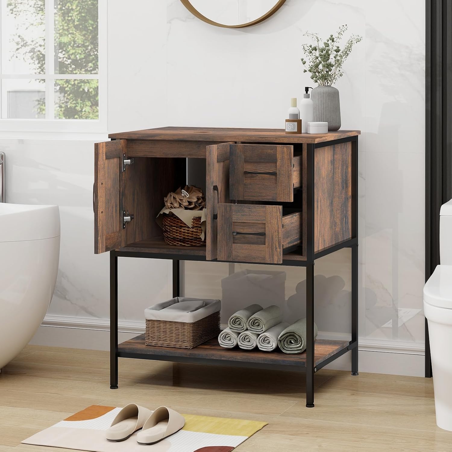 YOURLITE Bathroom Vanity, 30" Farmhouse Bathroom Vanity with Sink Combo Set, Rustic Brown Modern Wood Cabinet with Clear Glass Sink