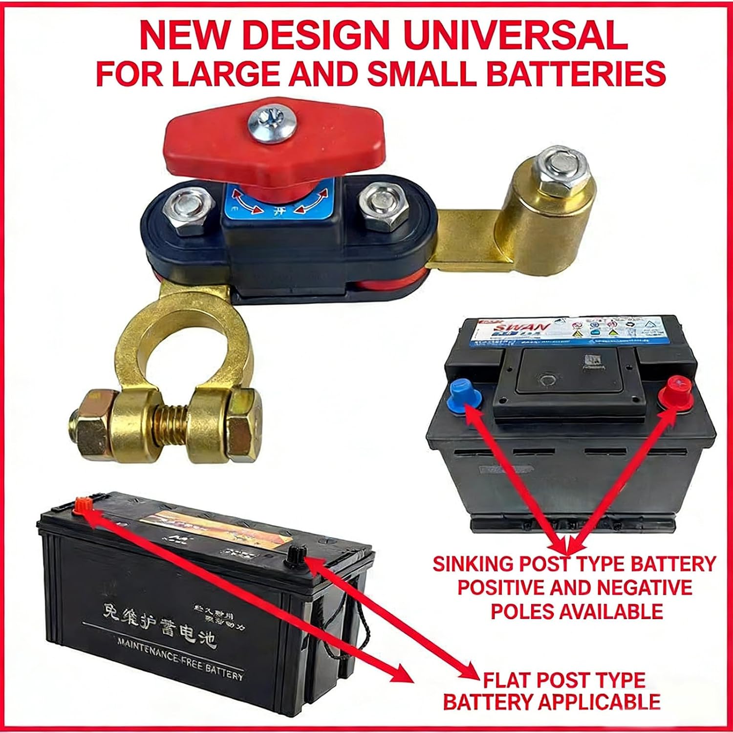 Car Battery Power Cut-Off Switch Breaker, 12V-24V Battery Cut Off Switch with Adjustable Pure Copper Terminals, Heavy Duty Battery Isolator for Car Truck Boat RV Marine Vehicles