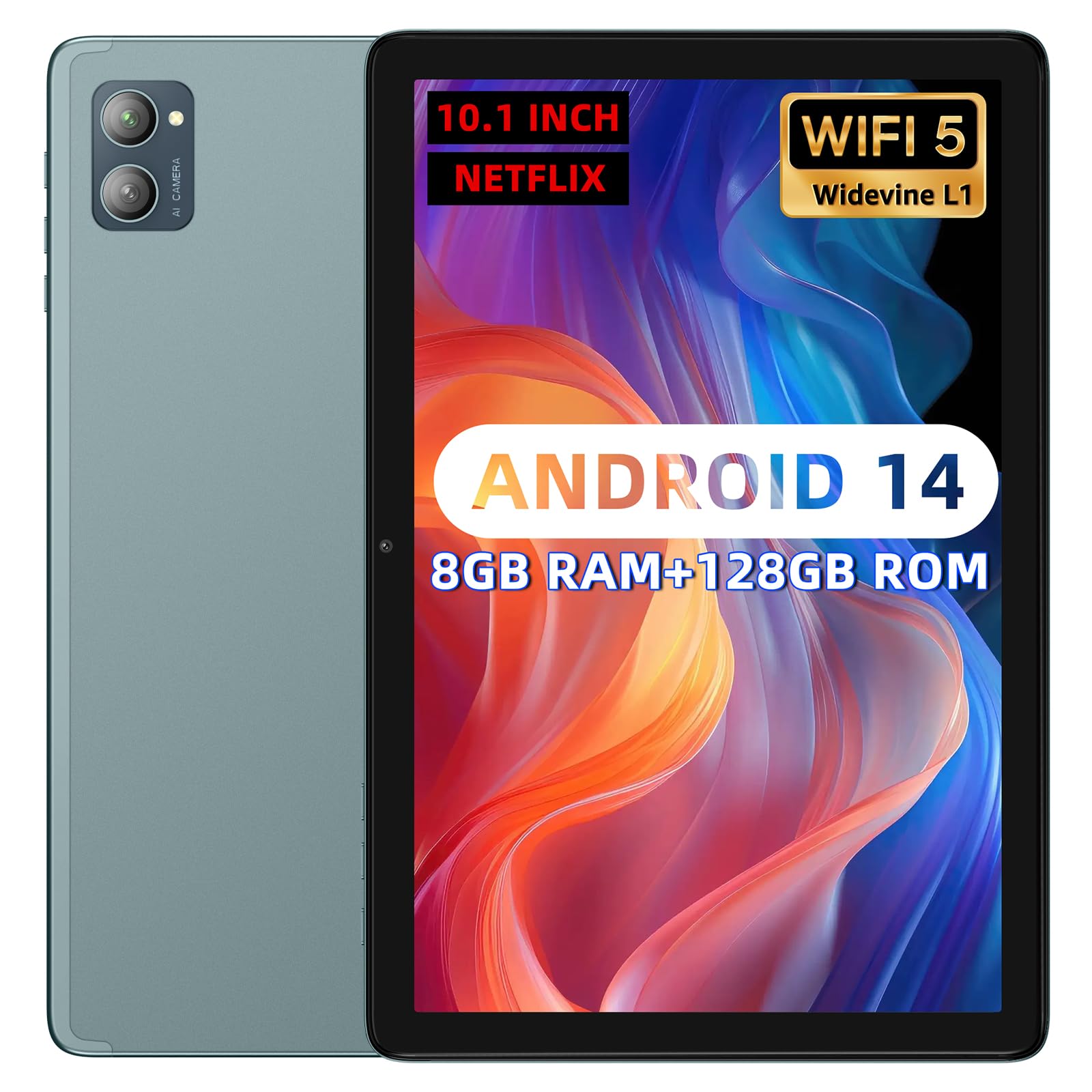 AISLPC Android 14 Tablet 10.1 pulgadas, 8GB RAM 128GB ROM 512GB Expandir WiFi Tablets PC, 1280 * 800 Pantalla HD, 5 + 13MP Cámara dual, Bluetooth 5.0, Batería de 6800 mAh, Azul