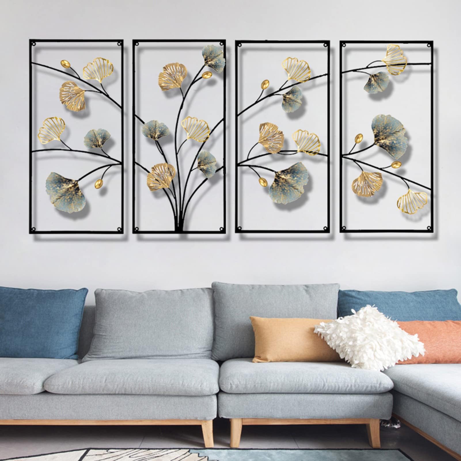 Feuille de ginkgo en métal faite à la main grande sculpture murale 3D de prestige avec cadre