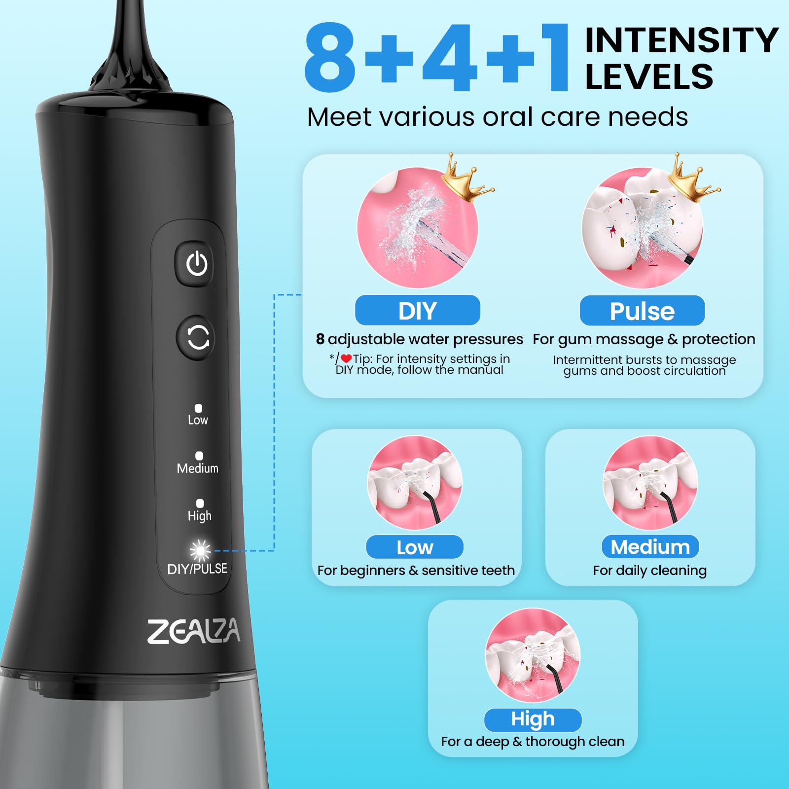 Idropulsore Dentale Portatile 300ML Irrigatore Orale 13 Modalità DIY | Water Flosser con 5 Ugelli, Pulizia Denti Idropulsore, IPX7, Ideale per Ortodonzia e Gengive Sensibili, Casa e Viaggio, Nero
