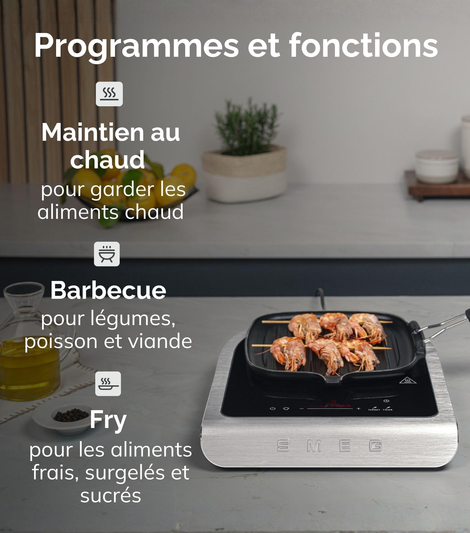 Smeg, Plaque de Cuisson à Induction Portable PIC01BLMEU, Programmes de Barbecue, Fonction de Friture et de Maintien au Chaud, 9 Niveaux de Puissance, Fonction Boost, Accessoires Inclus, 2100W, Noir