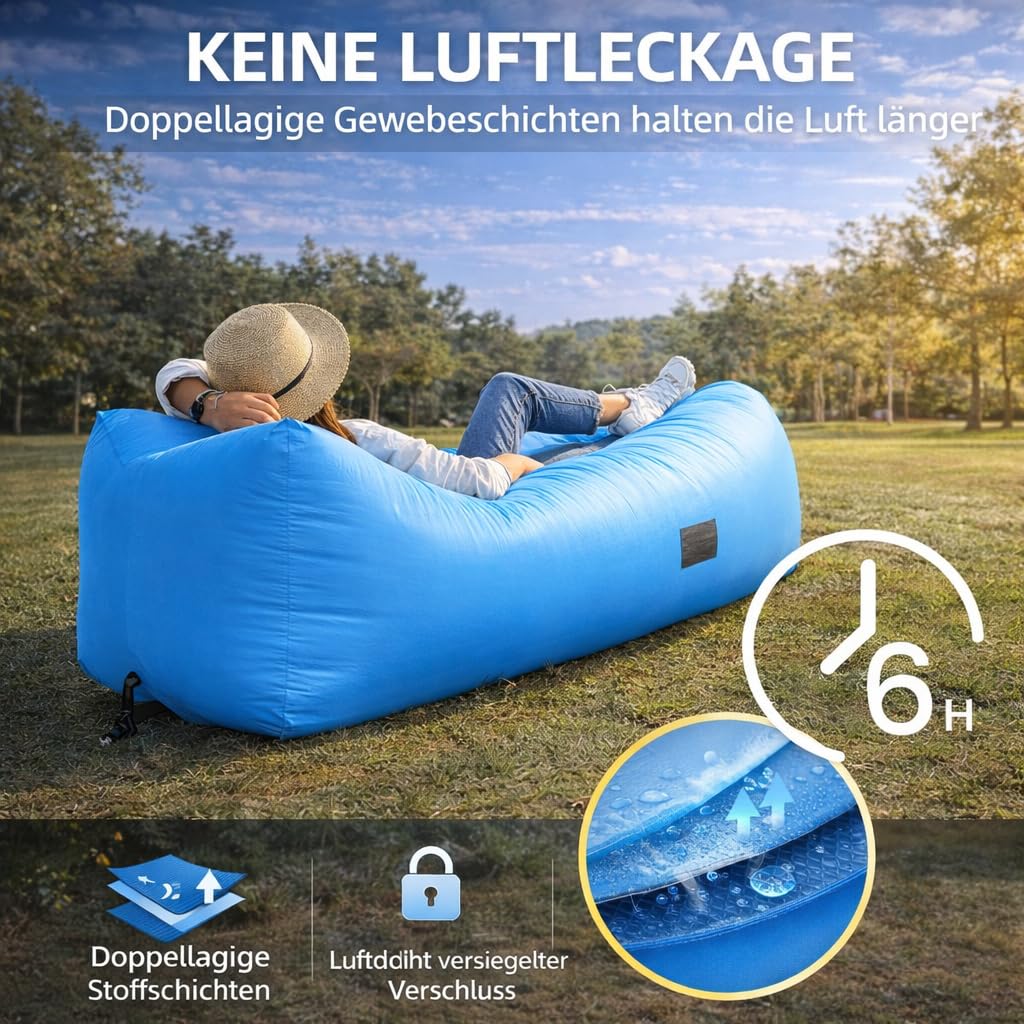 AngLink Luftsofa mit Kopfstütze, aufblasbares Sofa, wasserdichter Air Lounger ohne Pumpe mit 2 Lufteinlässen, bis 200 kg, 2 Seitentaschen und Tragebeutel für Camping, Park und Strand,Blau