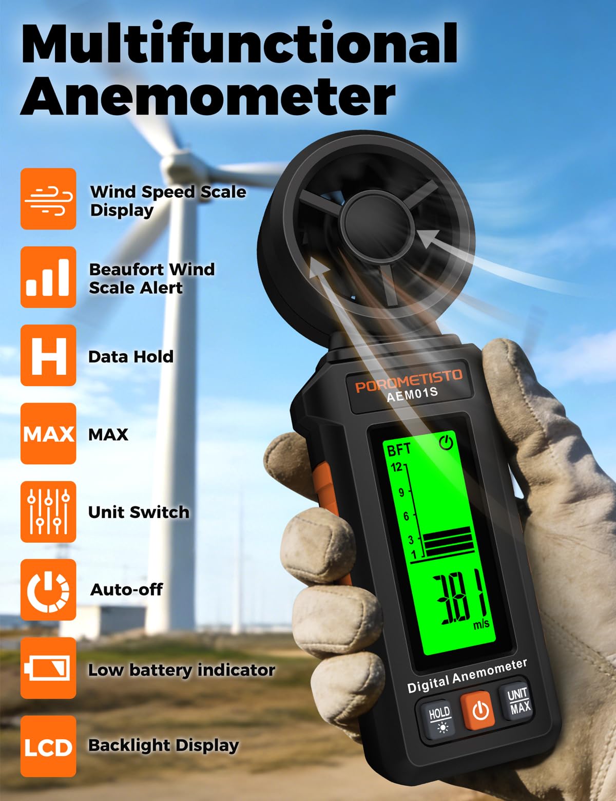 Portatile Anemometro POROMETISTO,3 scale di allarme misurazione, Schermo retroilluminato verde, 12 unità di misura,misuratore della velocità del vento