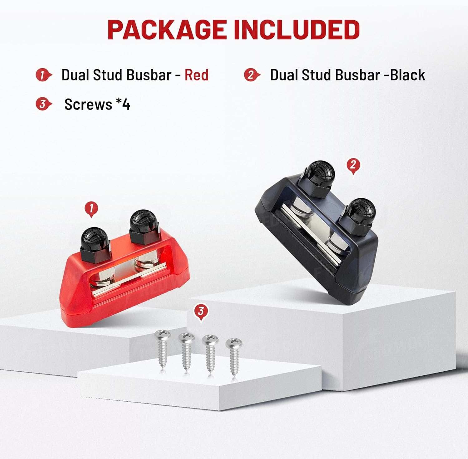 RED WOLF100Amp Circuit Breaker 2PCS 5/16" M8 Dual Stud Bus Bar 12-48V Power Distribution Block Holder 250A DC MAX, Battery Terminal Junction Dual Power Stud Busbar