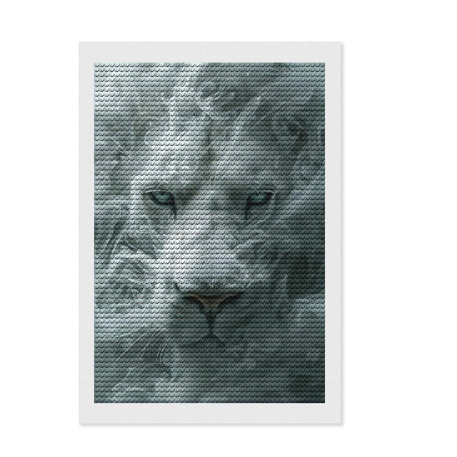 Junmoney White Lion in Smoke DIY Diamond Art Canvas Kit 8"x12", Neat Printed Canvas, Mindful Craft Activity, Office Decor, Gift Idea