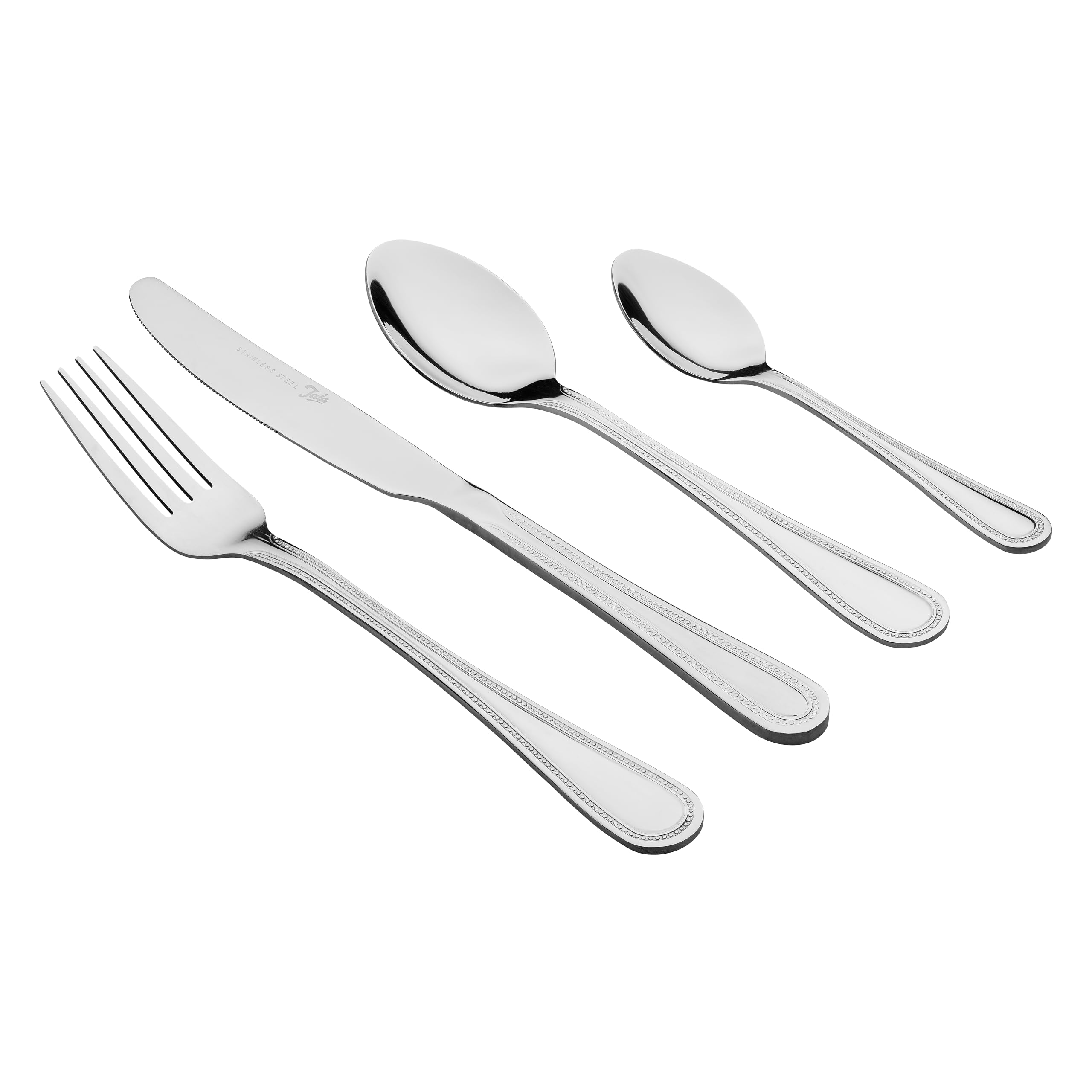 Tala El juego de cubiertos de acero inoxidable de 16 piezas incluye 4 cuchillos, 4 tenedores, 4 cucharas de postre y 4 cucharaditas, diseño pulido de borde de cuentas de acero inoxidable 18/10 de alta