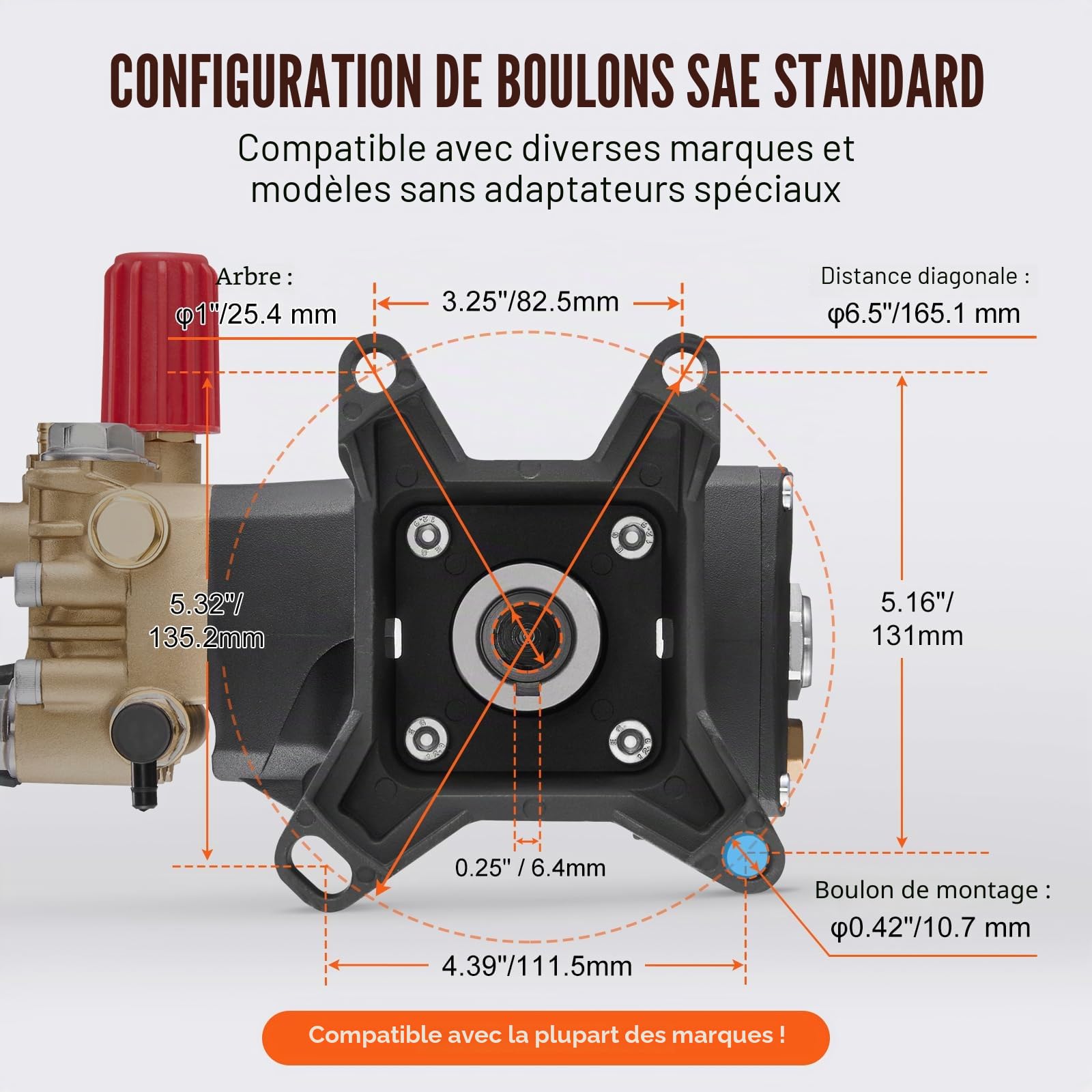 VEVOR Pompe de nettoyeur haute pression, piston triplex horizontal à arbre 25,4 mm, 4000 PSI, 4,0 GPM, kit pompe de remplacement avec matériel, pour Simpson MorFlex 40224, 40225, 40226, Santoprene
