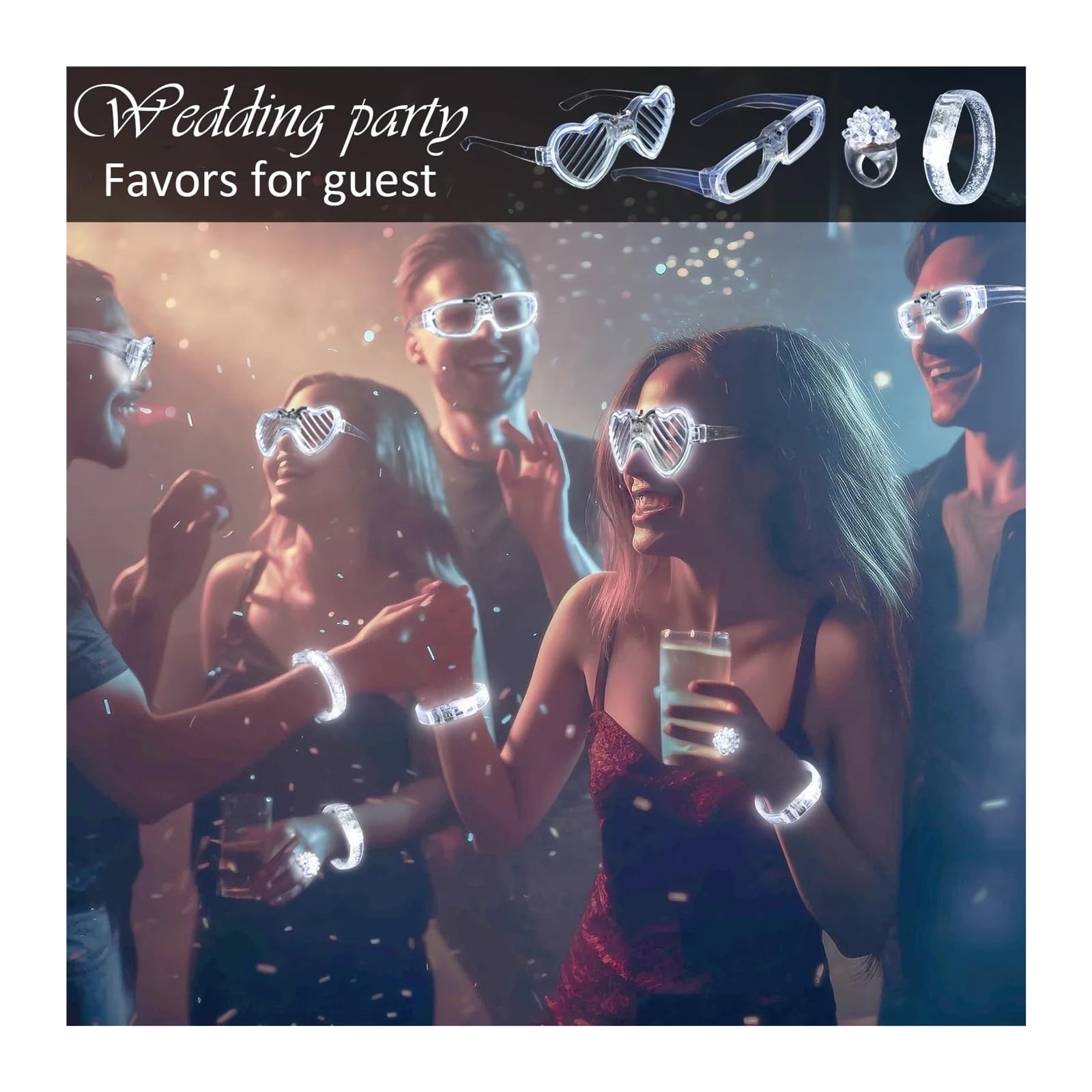 Genérico Juego de Luces Blancas for la Noche de Bodas, Gafas Brillantes, Pulseras, Anillos en Relieve, Accesorios Luminosos for Fiestas de Año Nuevo y Navidad y Suministros