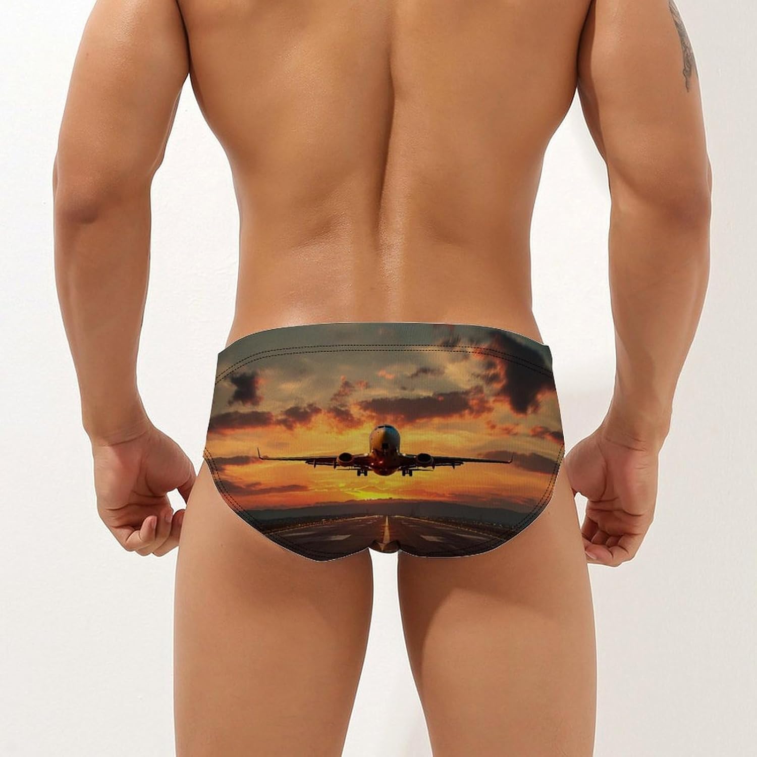 Colorful Sunrise Airplane Flying Over Runway Men's Swimsuit Brief Sexy Bikini Briefs Retro Printed Swimwear Quick Dry Swimming Trunks X-Large