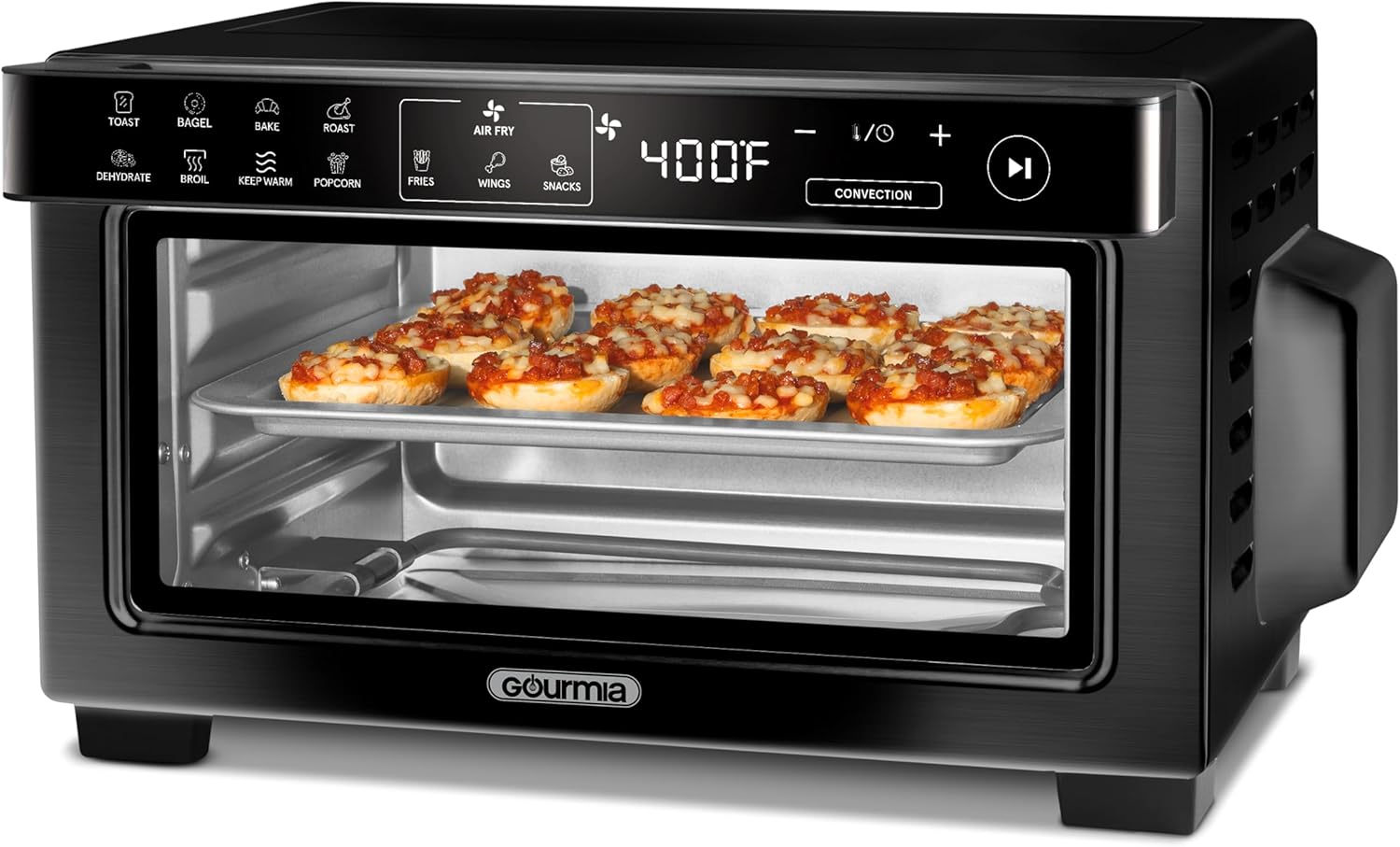 Gourmia Toaster Oven Digital Air Fryer – Convection Mode with 4 Slice Capacity, 3 Rack Positions, 12 Presets, Toast, Bagel, Bake, Roast, Broil, Dehydrate, Popcorn, Fits 9″ Pizza, Black