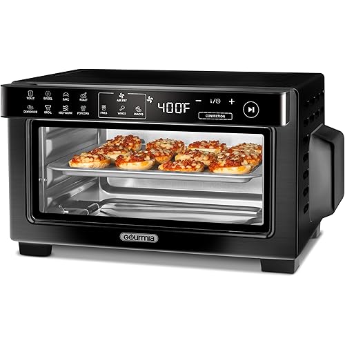 Gourmia Toaster Oven Digital Air Fryer - Convection Mode with 4 Slice Capacity, 3 Rack Positions, 12 Presets, Toast, Bagel, Bake, Roast, Broil, Dehydrate, Popcorn, Fits 9" Pizza, Black