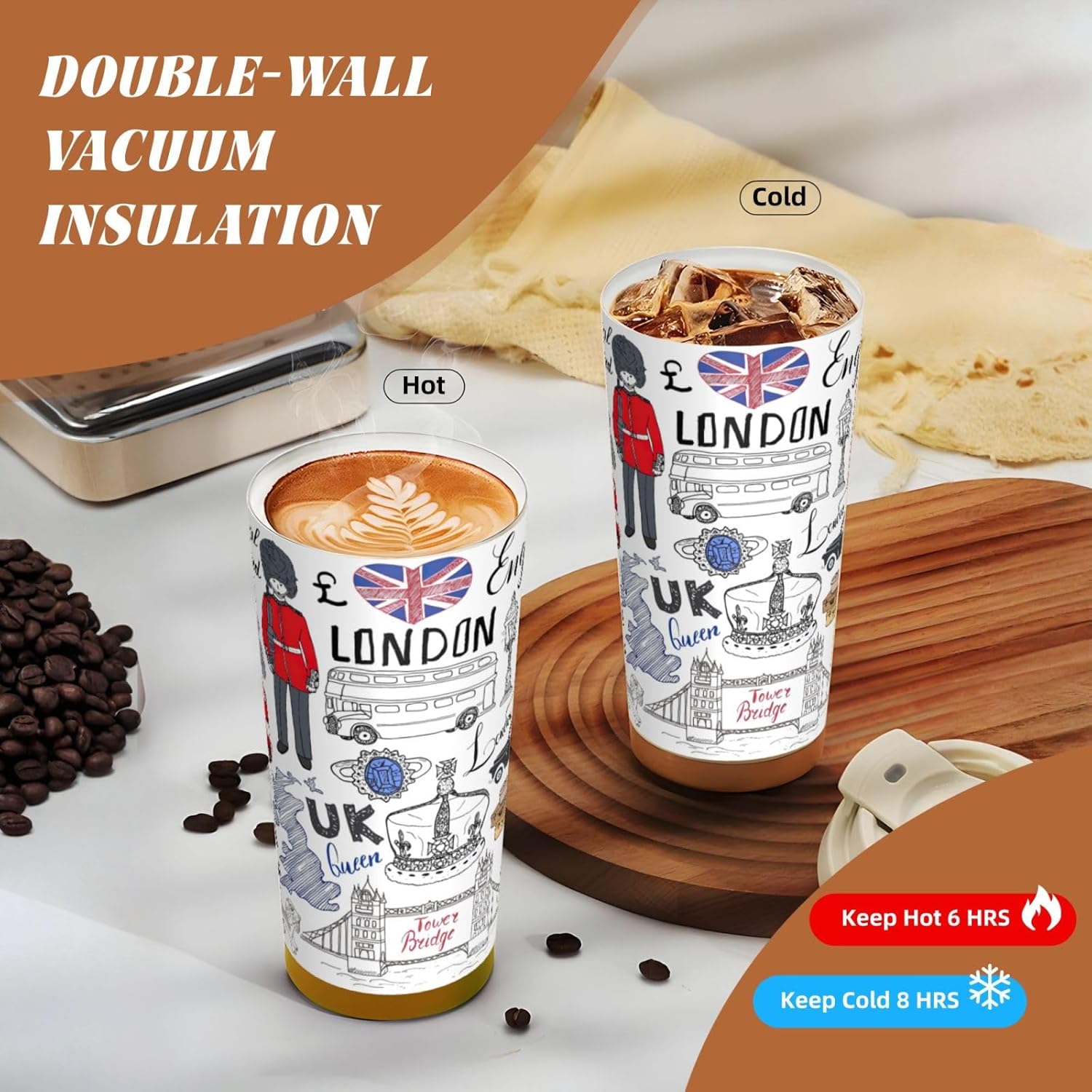 I Love London Print Leakproof Insulated Coffee Mug,Stainless Steel Dual Drink Travel Tumbler,17 OZ