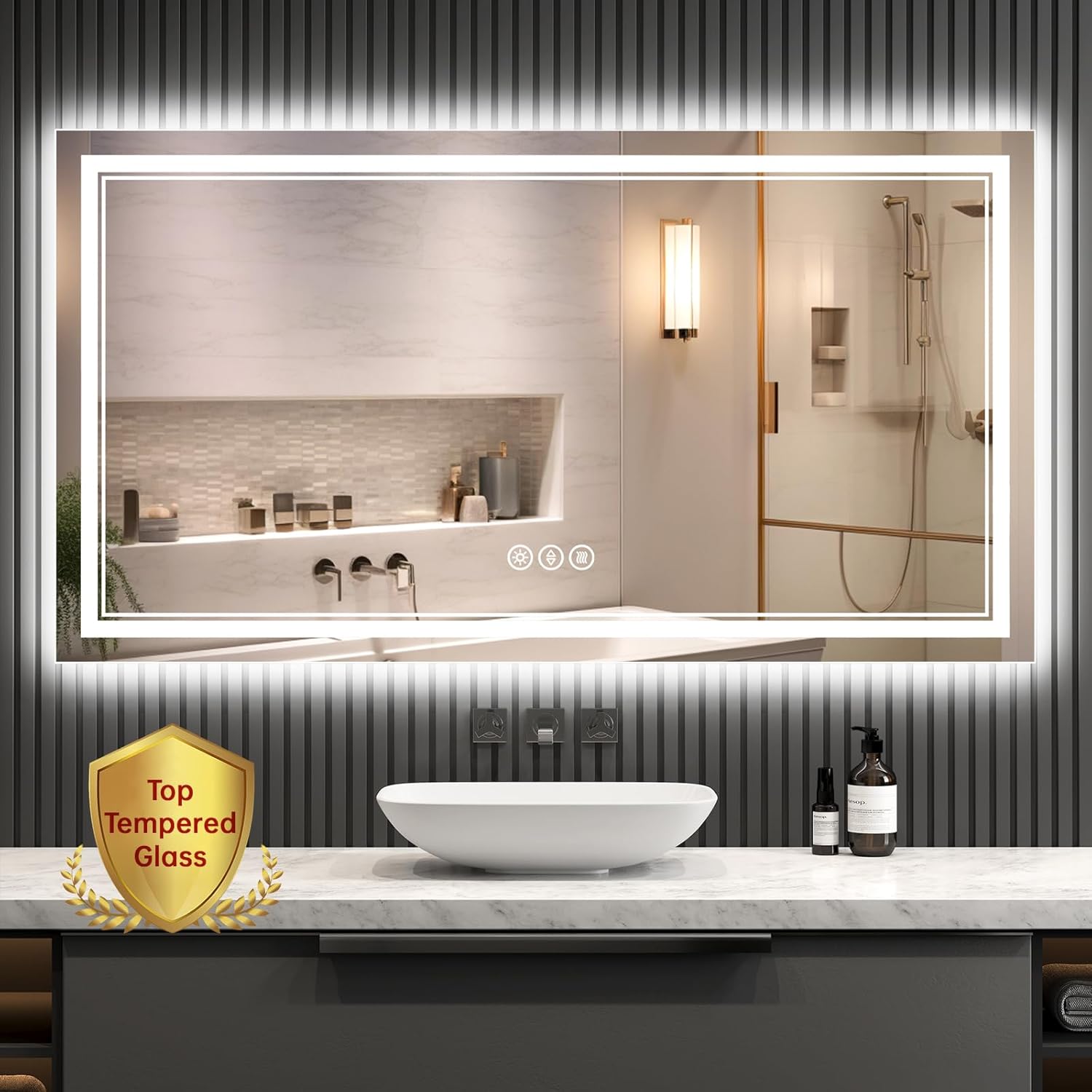 55x30 Inch Lighted Bathroom Mirror for Wall, Tempered Glass Smart Led Bathroom Mirror with Anti-Fog, Stepless Dimmable, 3 Colors, Memory, Brighter Led Bathroom Vanity Mirror 55"L x 30"W