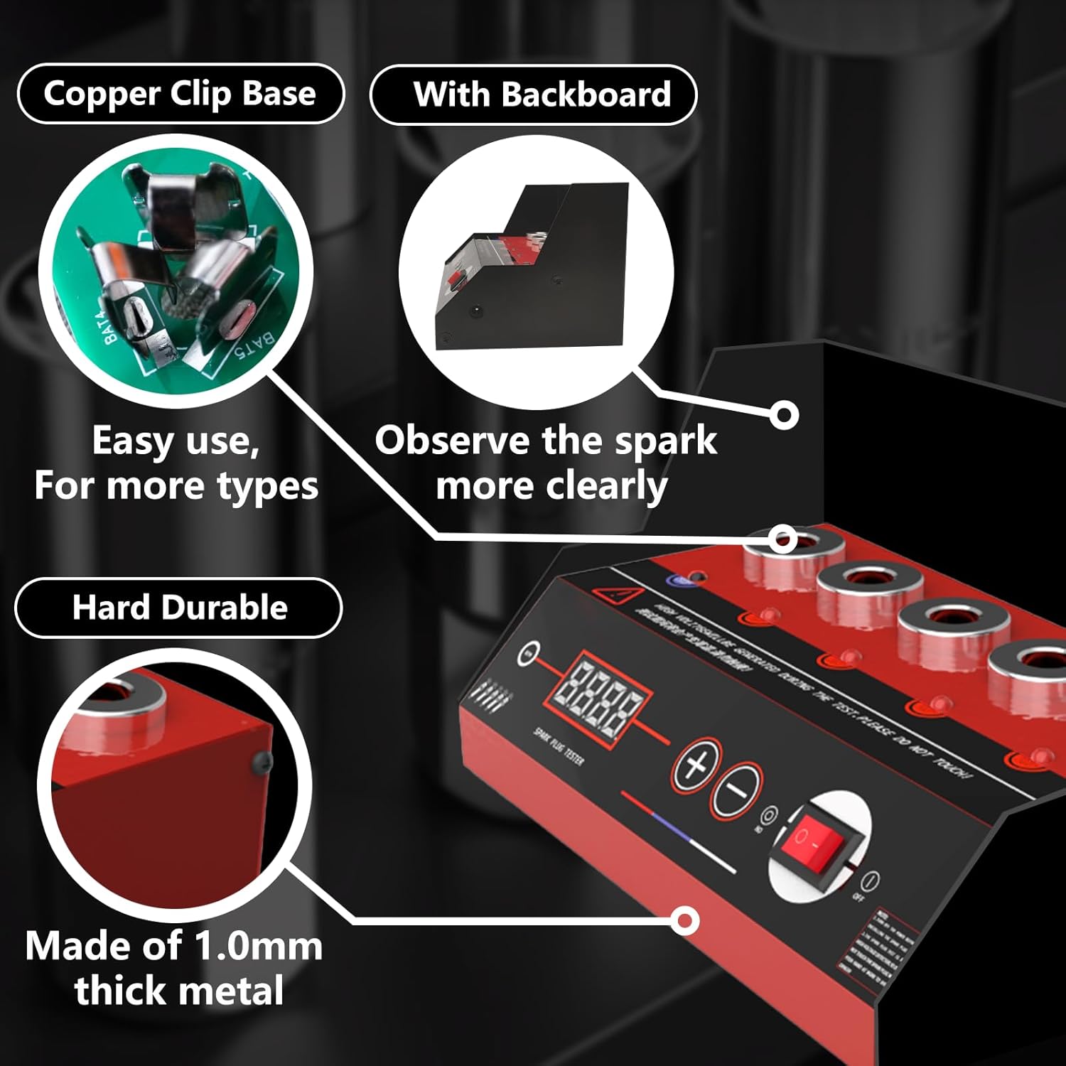 ST600 Automotive Spark Plug Tester Five Testing Holes Spark Plug Tool Adjustable Working Frequency Up to 9000RPM with Steel Backboard