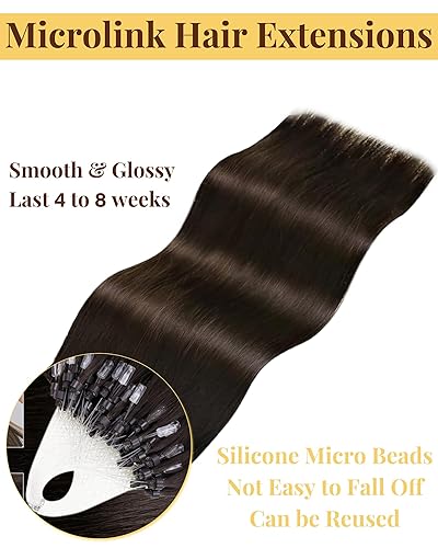 Miniatura 4 de Hetto Extensiones de cabello humano con microanillo, extensiones de cabello humano #2, color marrón oscuro con microcuentas, extensiones de cabello