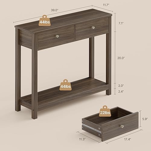 Miniatura 2 de Gizoon Mesa consola con 2 cajones, mesa de entrada de madera de 2 niveles con estantes de almacenamiento, mesa de sofá de madera de 39 pulgadas de