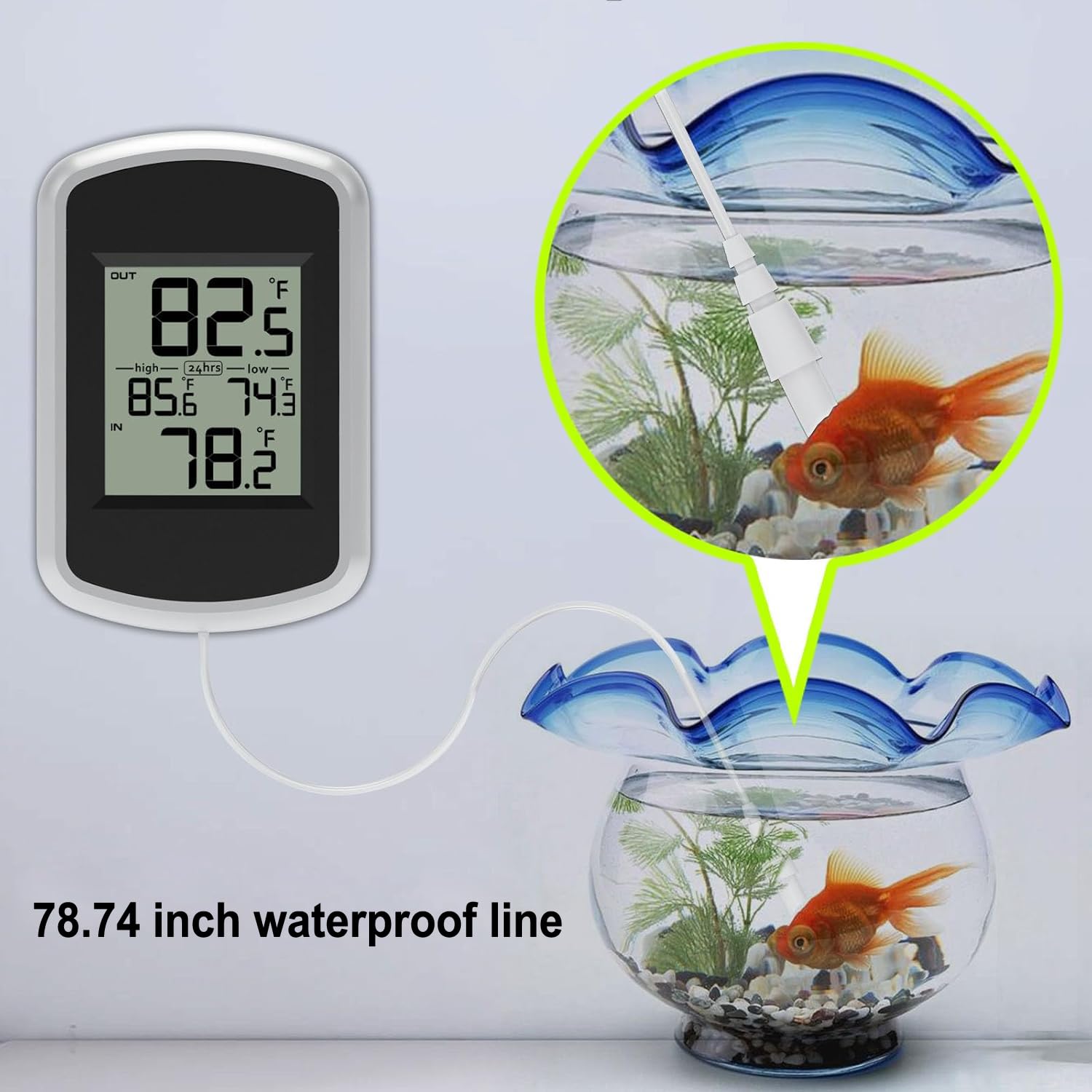 Thermometer next to a fish tank with the waterproof probe submerged, showing its use for monitoring water temperature.