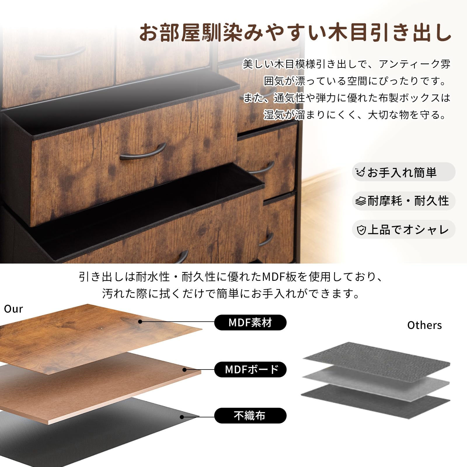 チェスト タンス 4段9杯 服 収納 洋服収納　ブラウン　軽量　ビンテージ Amazon｜Qucover チェスト タンス 4段9杯 服 収納 洋服収納 タンス