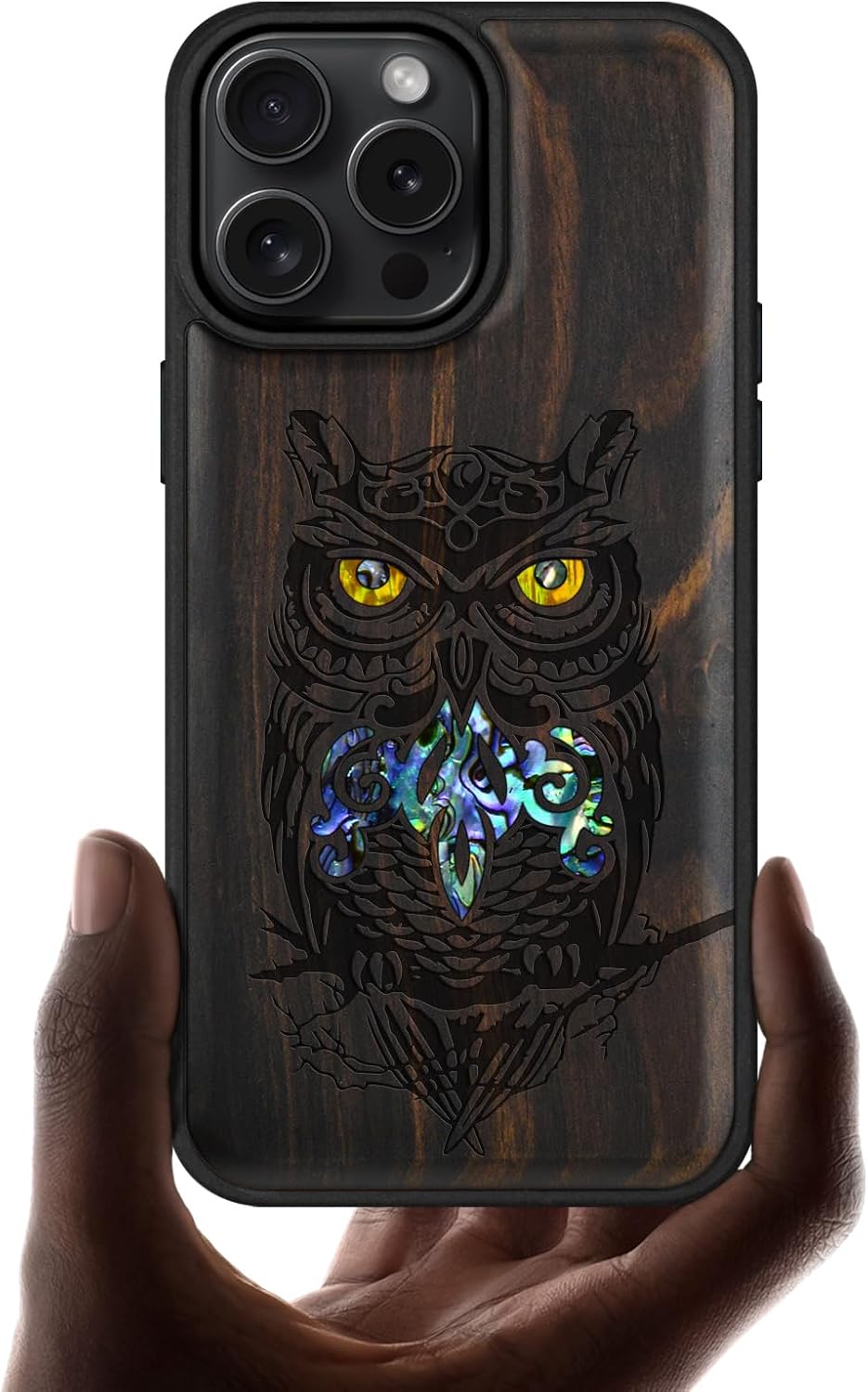 Carveit Magnetic Case for iPhone 16 Pro Max Case, Wood Artisan Engraved & Handmade Shell Inlaid, TPU Shockproof Cover, Compatible with MagSafe Wireless Chargers (an Owl Perched on a Branch) Blackwood