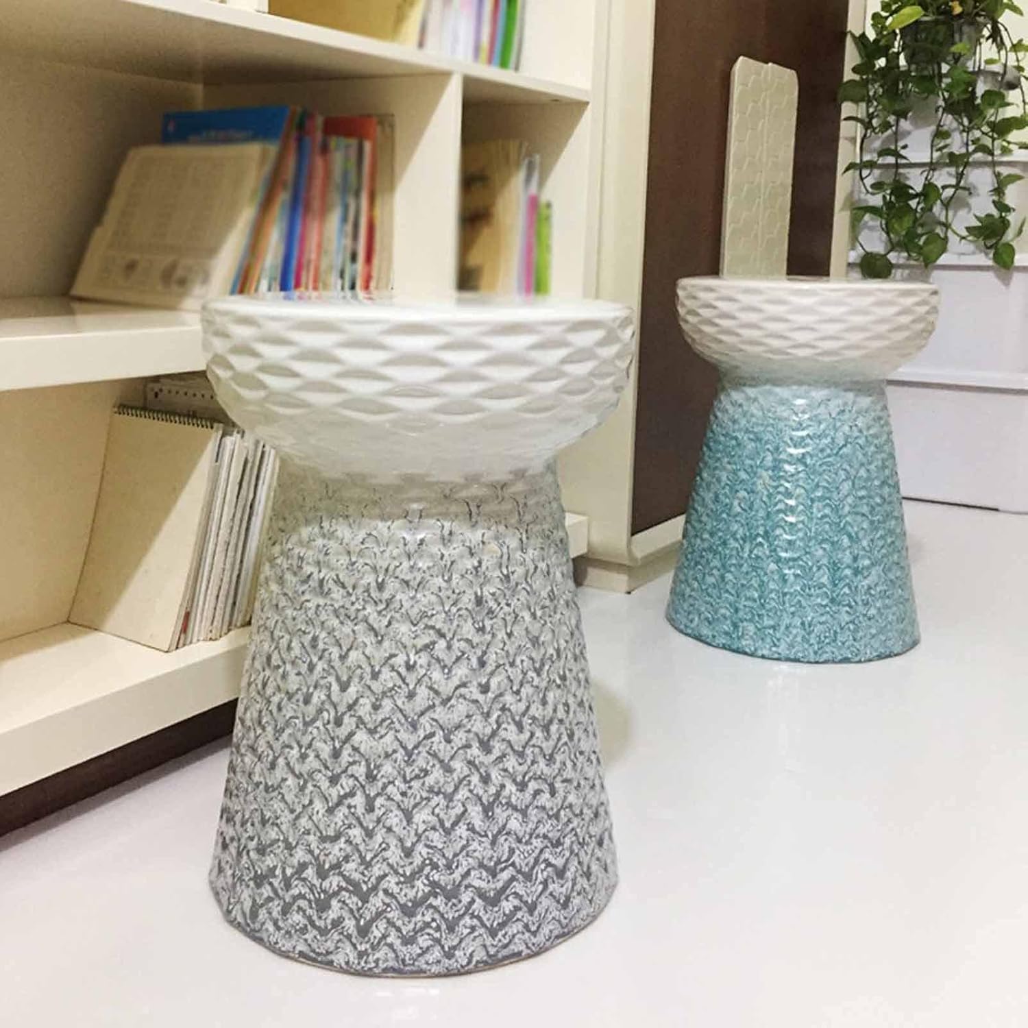 Decorative Garden stools, Ceramic Garden Stool, Cylindrical Embroidered Pier, Porcelain Art Pier, Gradient Drum Stool, Prismatic Mushroom Stool.(Grey)