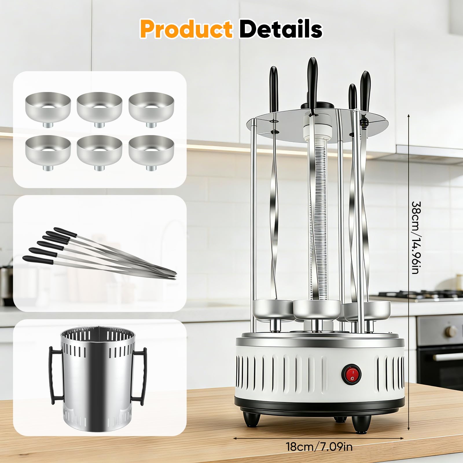 Gril électrique Vertical, Gril électrique 1000 W Shish Kebab Grill avec 6 brochettes, Gril Rotatif pour Barbecue, Gril de Table, Tube Chauffant en Verre amélioré pour la Maison, Le Jardin