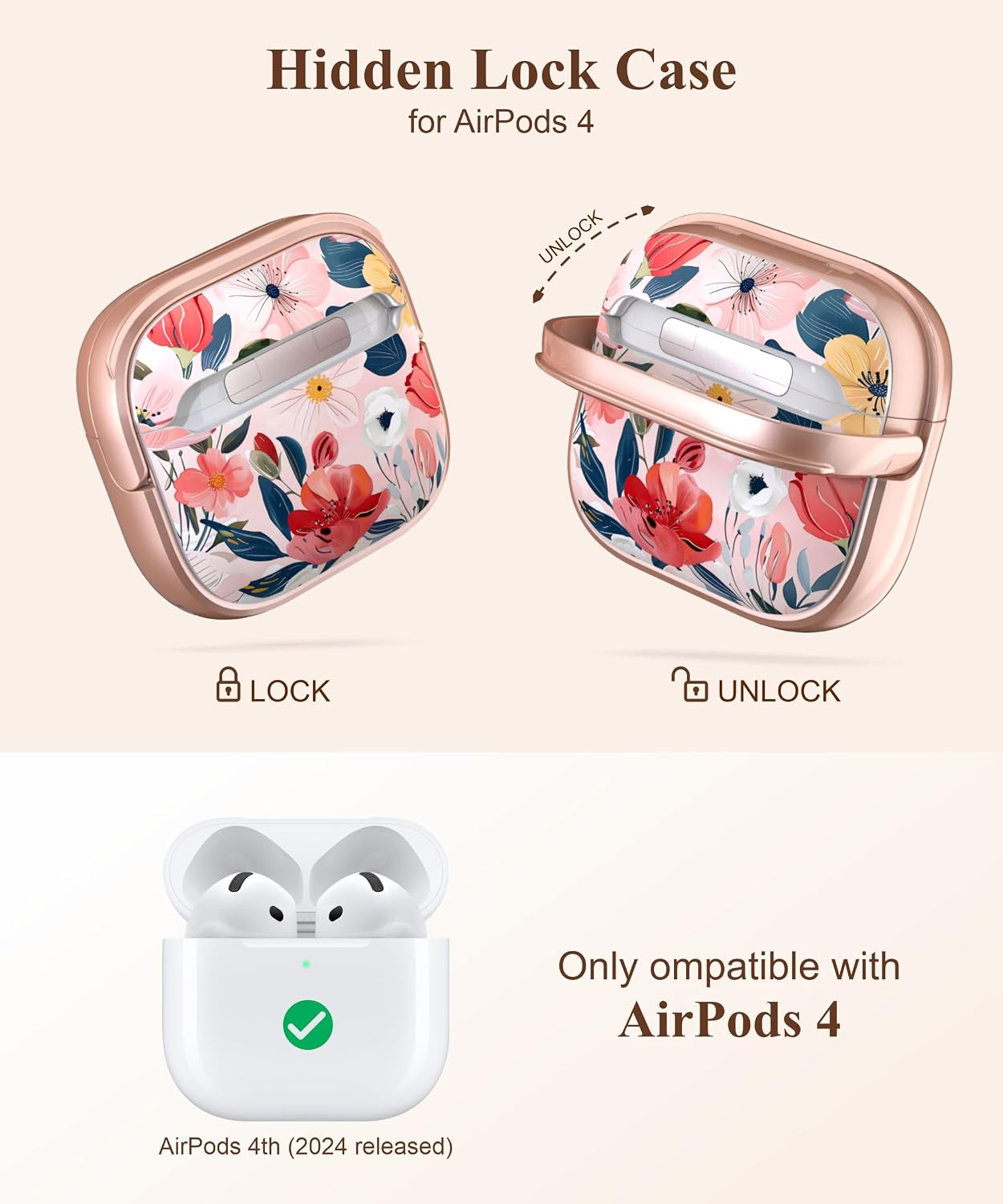 TATOFY Lock Case for Airpods 4 Case, Flowers Hard iPod 4th Cover for Women Girls with Phone Stand Cleaner Kit (Pink, AirPods 4th)
