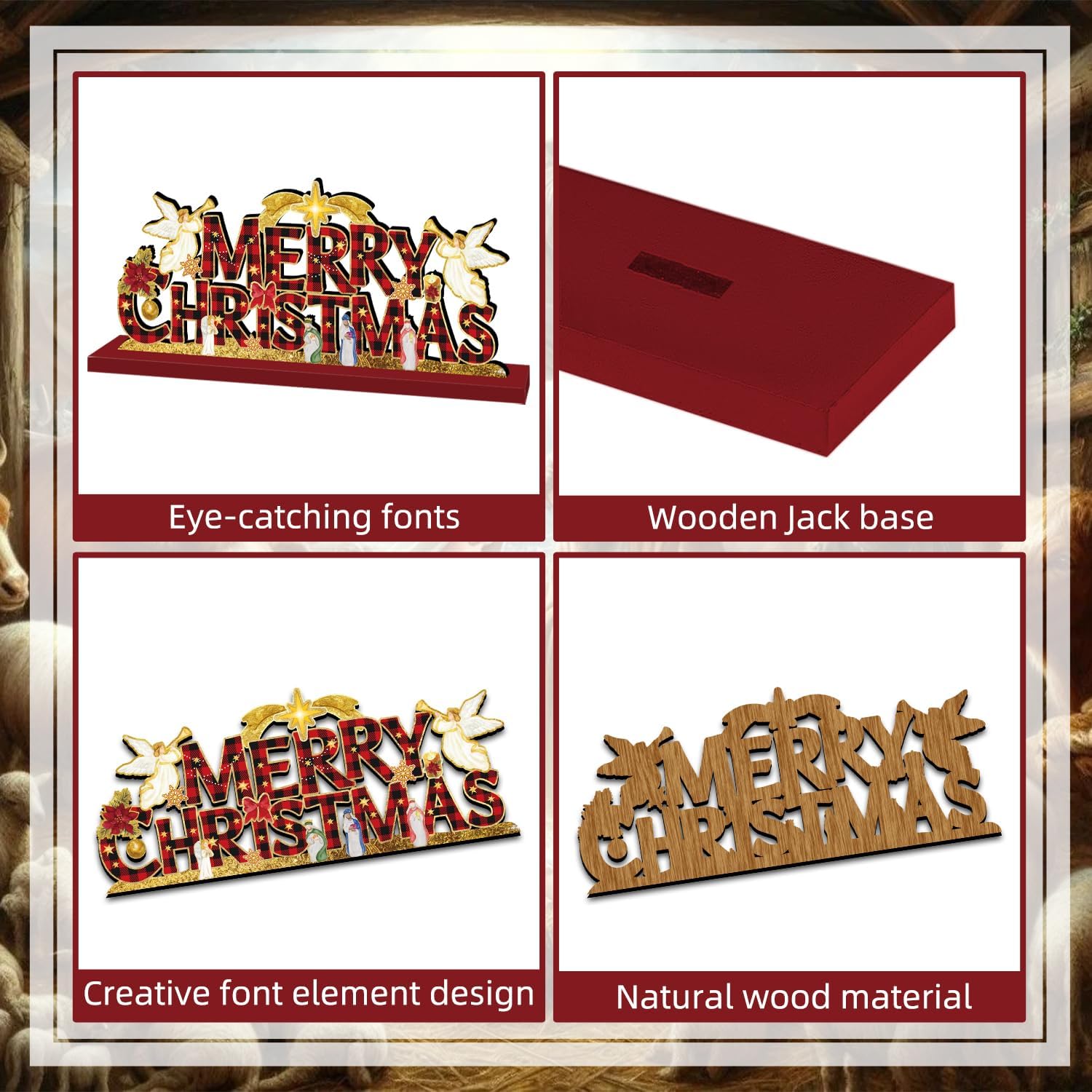 4Pcs Christmas Table Decorations, Nativity Scene Jesus Christian Christmas Decor Wooden Table Topper Nativity Centerpiece Religious Christmas Decor for Xmas Winter Holiday Party Decorations