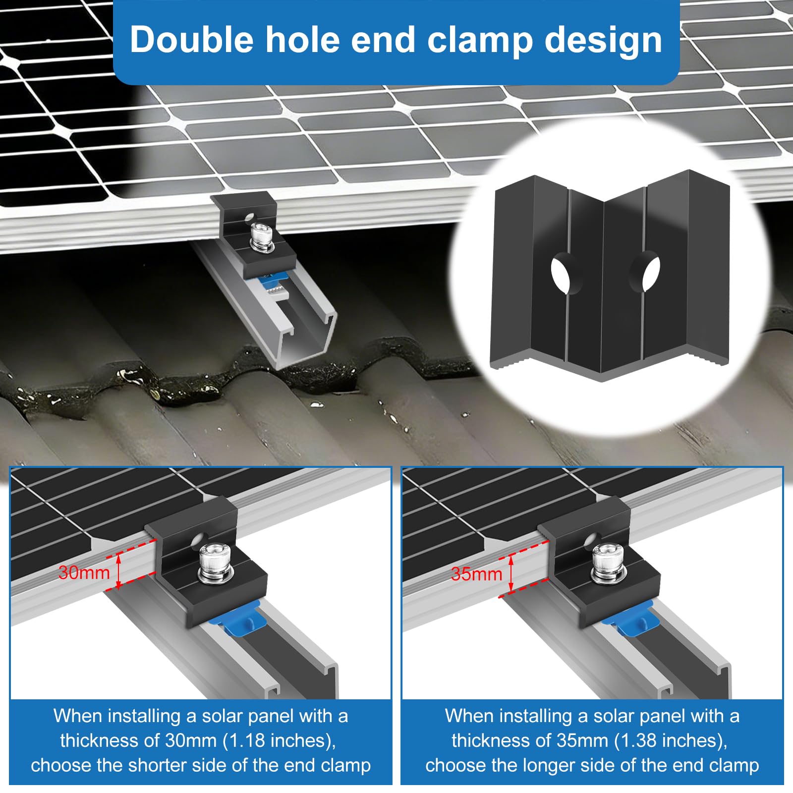24 zaciski do modułów solarnych, 30 mm, aluminiowe zaciski końcowe modułu PV, konstrukcja z podwójnym otworem, z 2 uchwytami na klucze, mocowanie do panelu słonecznego, mocowania paneli słonecznych do