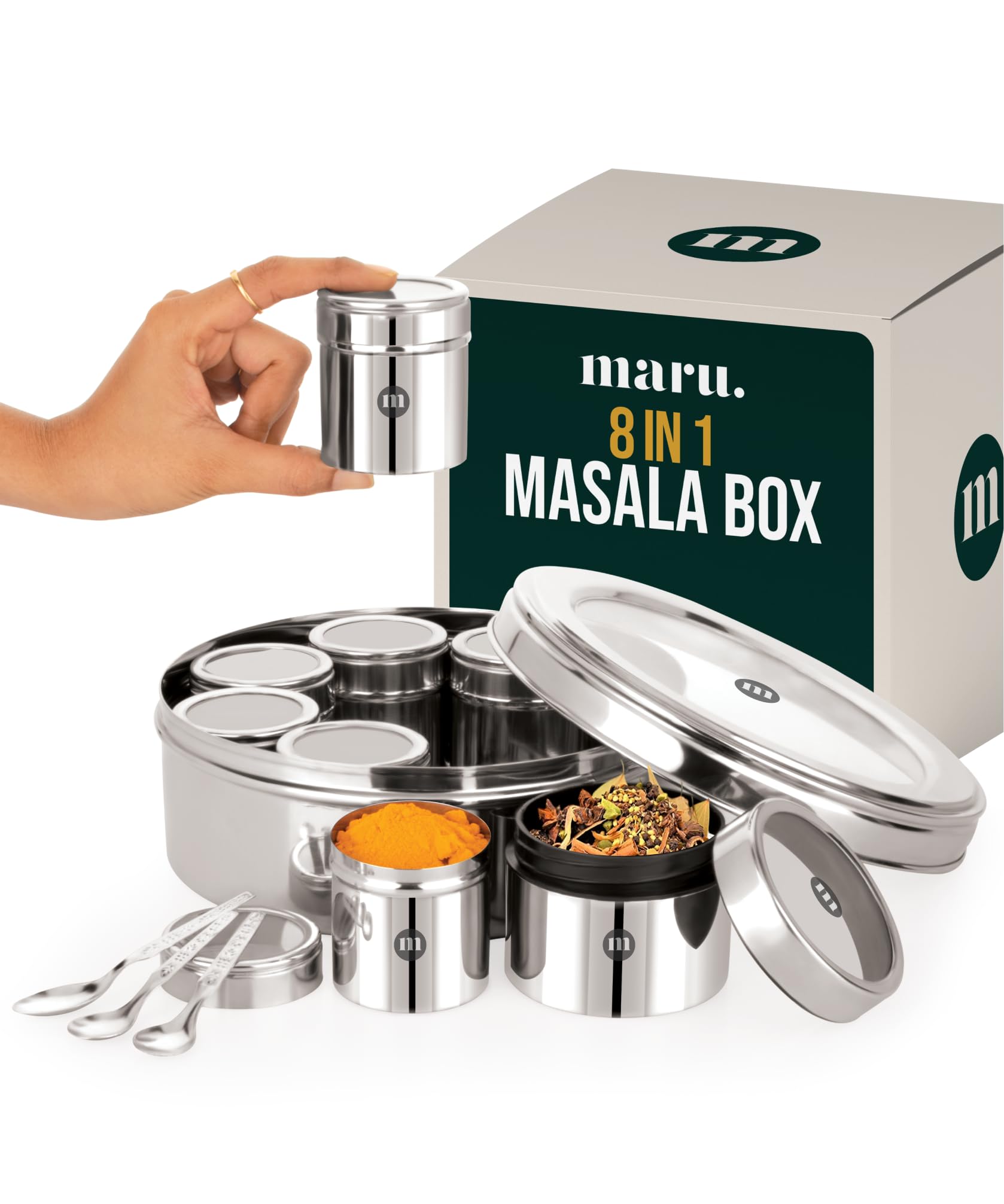 MARU8-in-1 Stainless Steel Spice Box with See-Through Lid & 3 Spoons – Durable Masala Dabba for Kitchen Storage, Stylish Design with 8 Containers for Spices & Seasonings, Silver