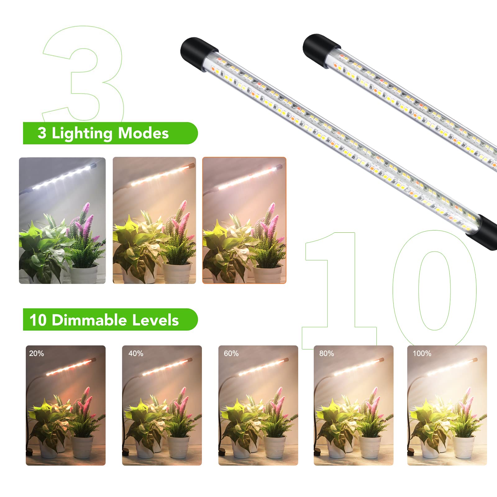 COKOLILA 2 pezzi Lampada per piante, 160 LEDs luce per piante spettro completo, Luci Piante 3000K 5000K 660nm per piante da interno con timer, 3 modalità, ideale per piccole piante (senza adattatore)