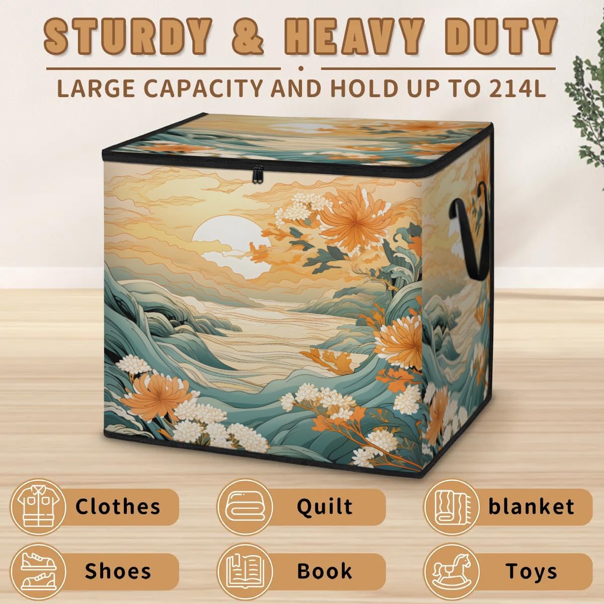 Honeybaby 214L Extra Large Comforter Storage Bag Chrysanthemum Sunrise Storage Totes with Lids Waterproof Closet Organizer Folding Blanket Storage Bags for Clothes Bedding Pillows