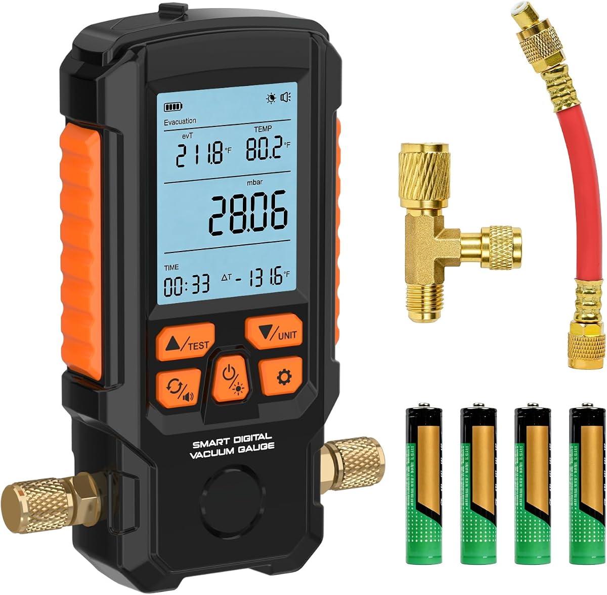 Digital Vacuum Gauge HVAC, 0-50 mbar Range, 0.2% High Accuracy, Pressure Meter with Evacuation & Leak Test Mode, Backlit LCD Display, 7/16"-20 UNF Port Compatible with 1/4" SAE Refrigerant Hoses