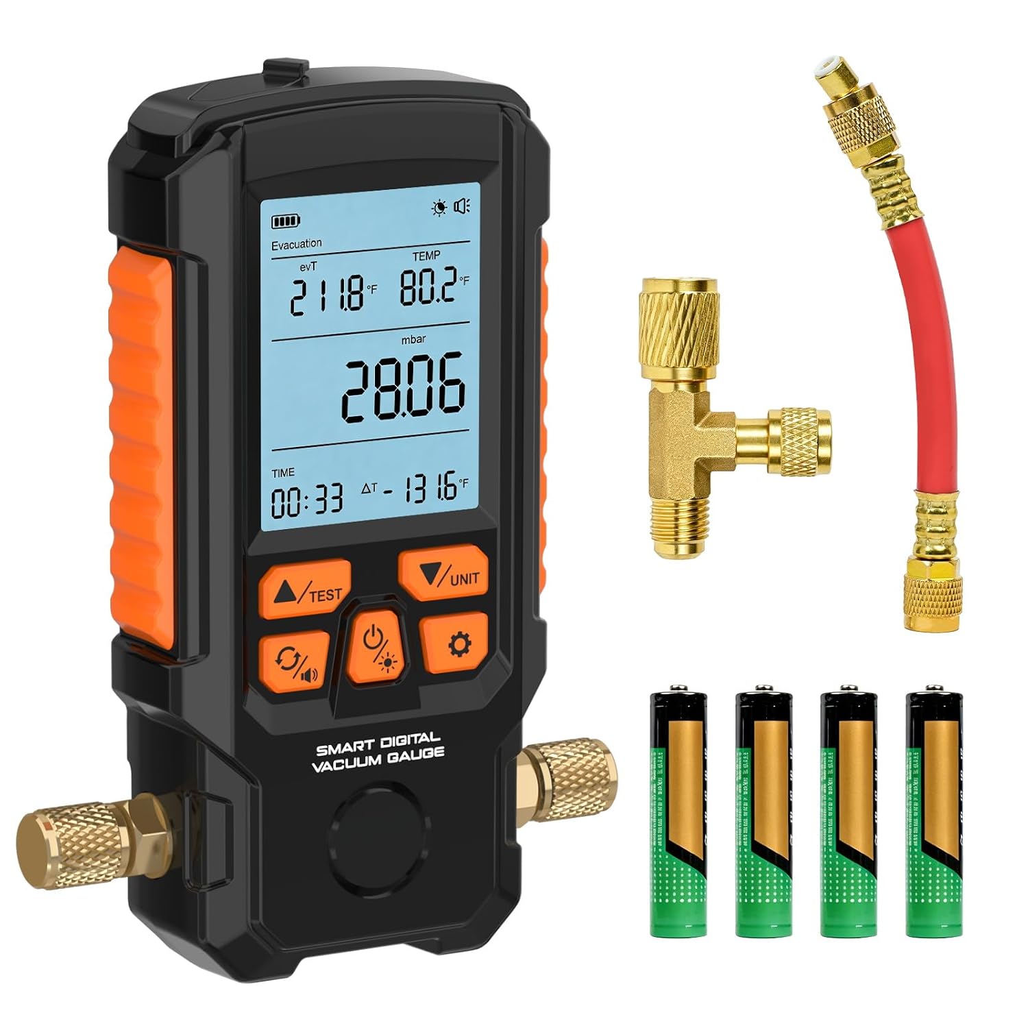 Digital Vacuum Gauge HVAC, 0-50 mbar Range, 0.2% High Accuracy, Pressure Meter with Evacuation & Leak Test Mode, Backlit LCD Display, 7/16"-20 UNF Port Compatible with 1/4" SAE Refrigerant Hoses