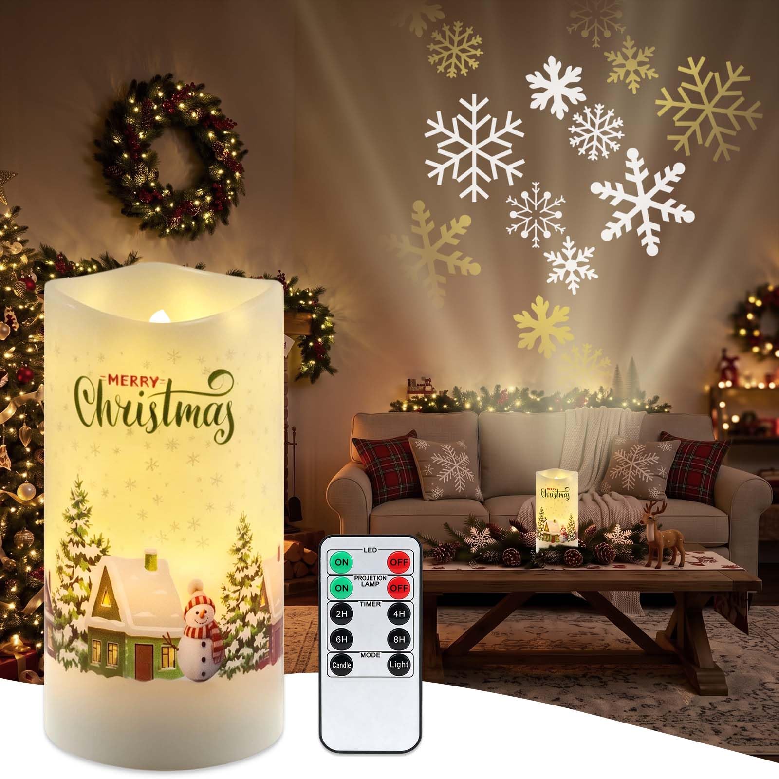 Christmas White Snowflakes Projection Candle Light with Remote & Timer