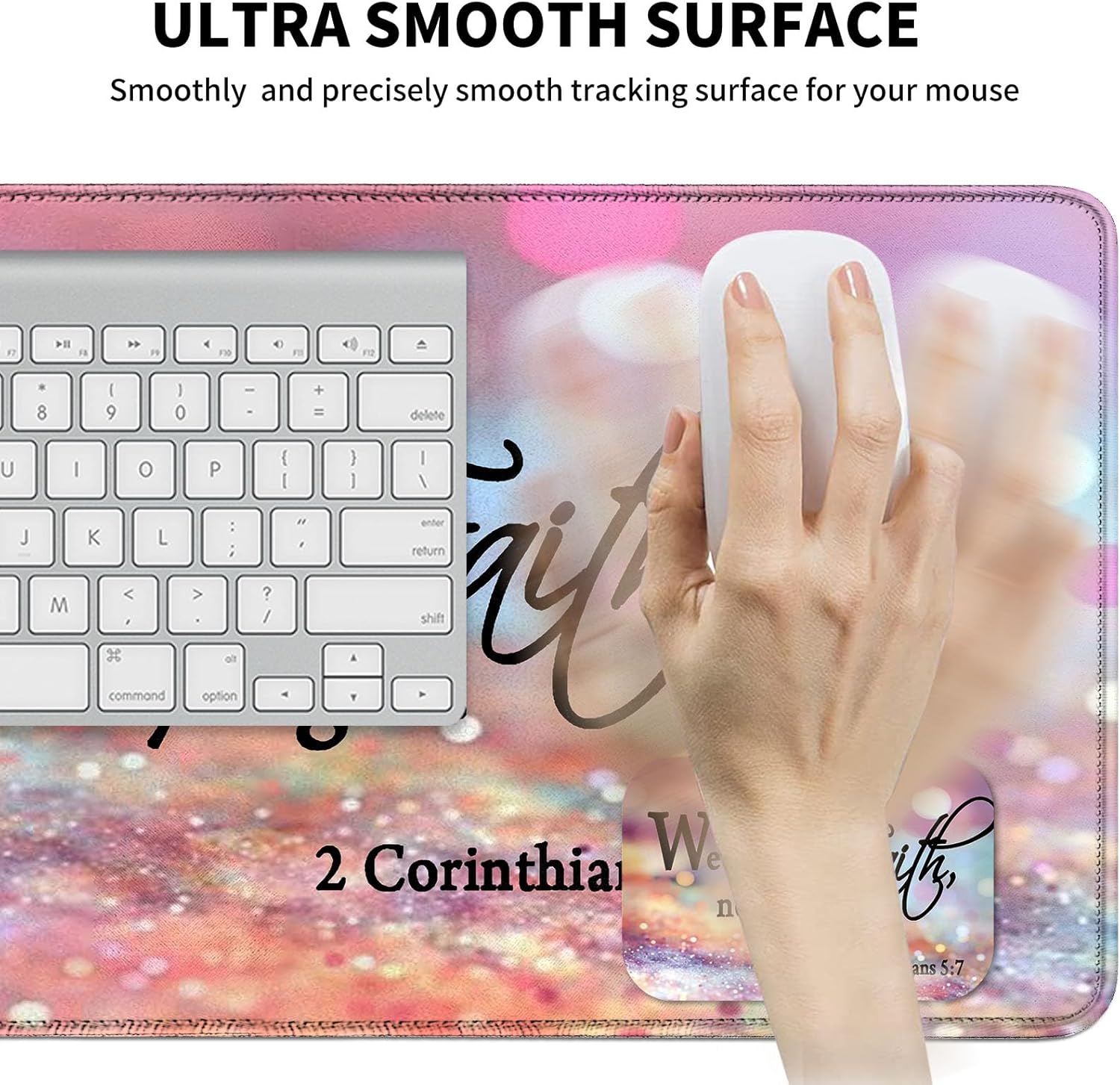 Mouse Pad Desk Mat Ergonomic Wrist Support Pad Set,Mouse Wrist Rest Keyboard Pad with Stitched Edges and Non Slip Base-We Walk by Faith Pink Purple Glitter