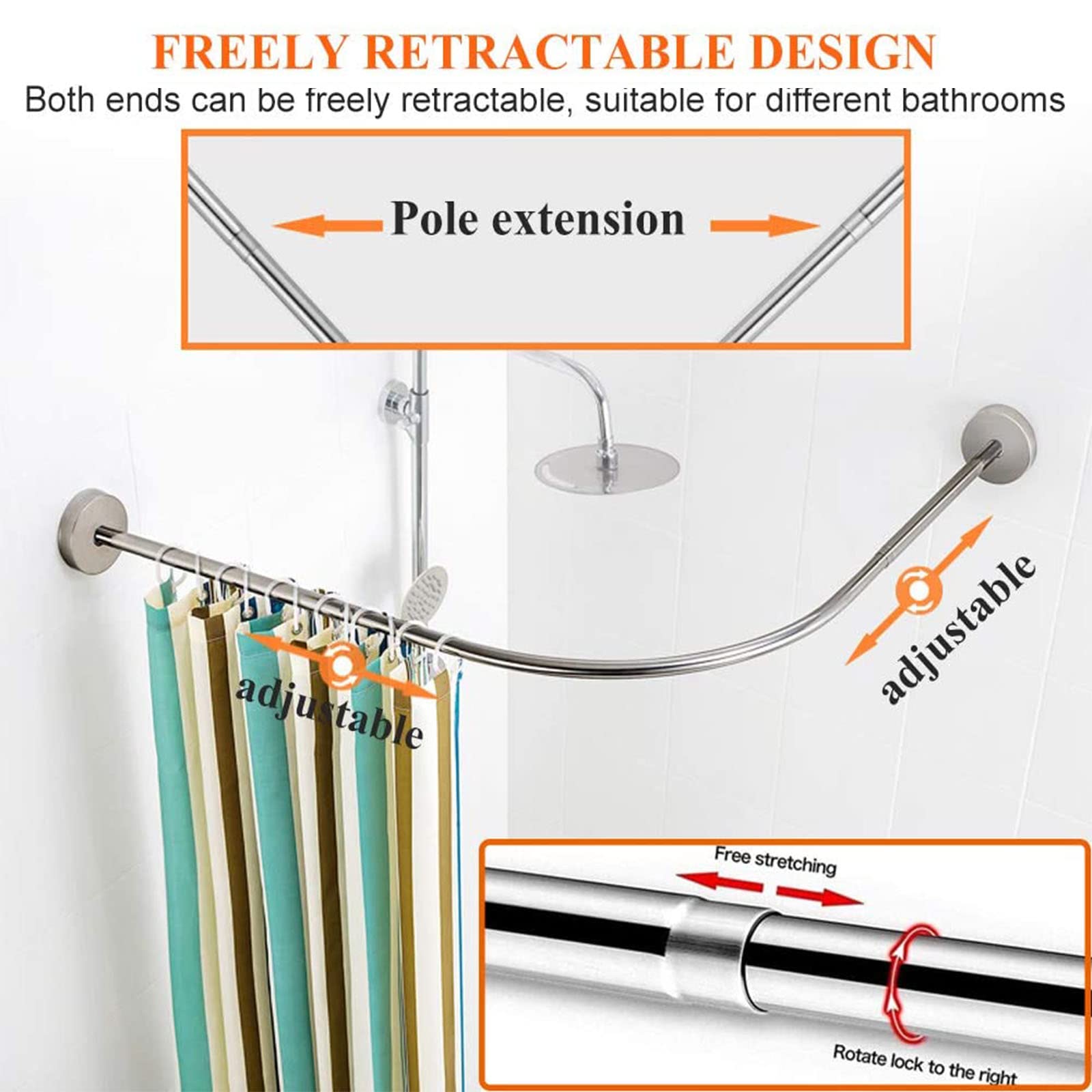 Barra de cortina de ducha de esquina de acero inoxidable, barra curvada ajustable en forma de L 304 para armario de baño, extensible, 60-80 cm x 80-120 cm, resistente al óxido y