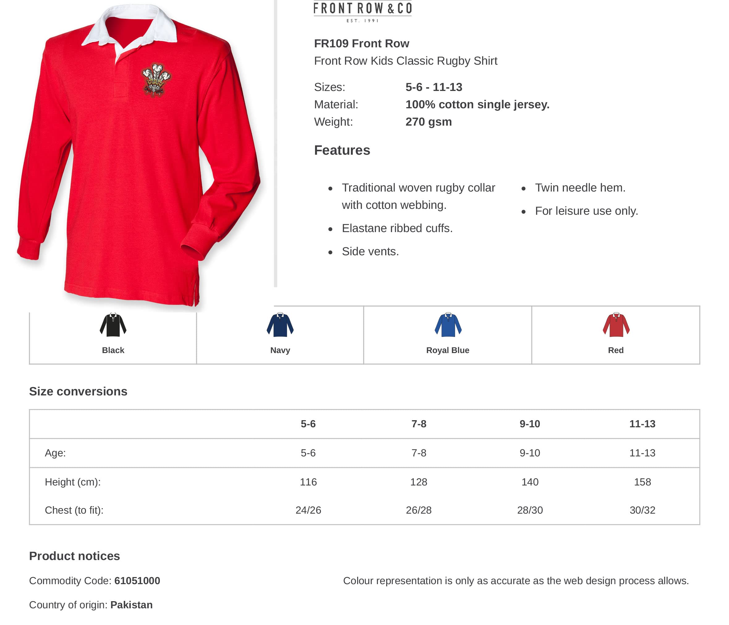 Niños Welsh Supporters Camisa de Rugby de Manga Larga con Frente Rojo Kids Classic Rugby Shirt Row, Rosso