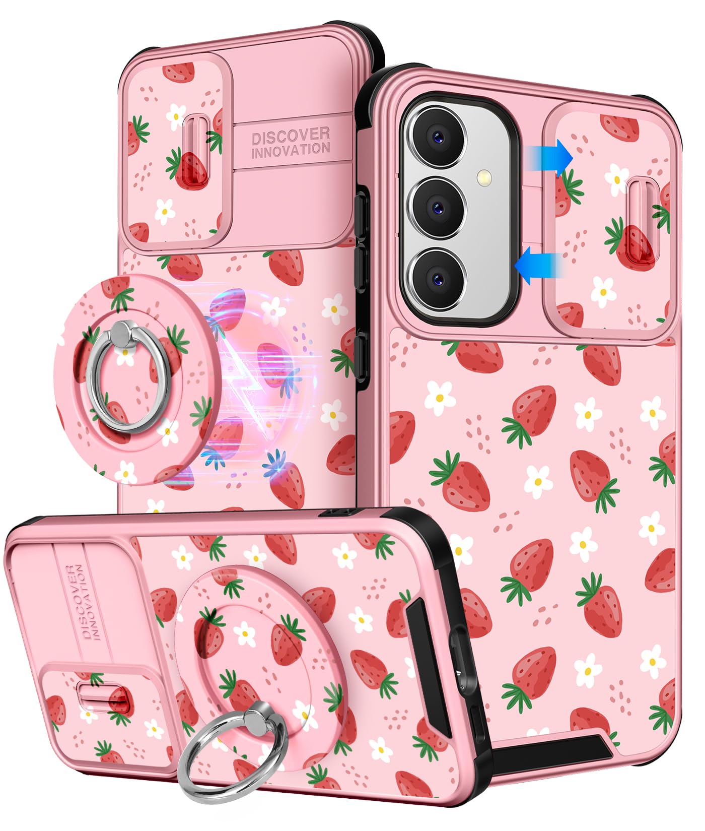 buleens for samsung galaxy s24/s25 case - with ring stand & camera cover aesthetic cute designed women girls girly kawaii strawberry for samsung s24/s25 phone case compatible with magsafe